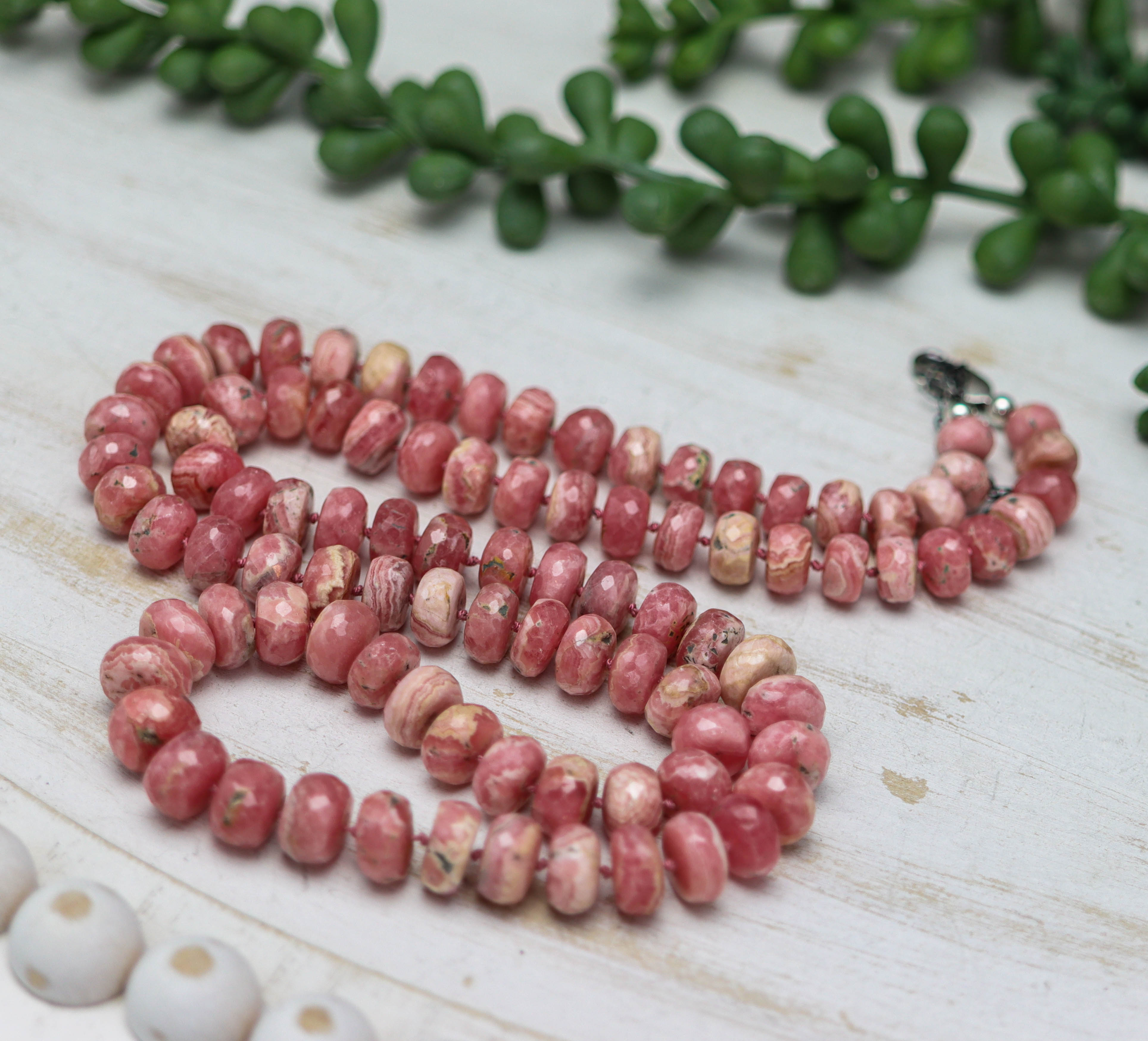 Pink Rhodochrosite Hand Knotted Bead Necklace Sterling Silver