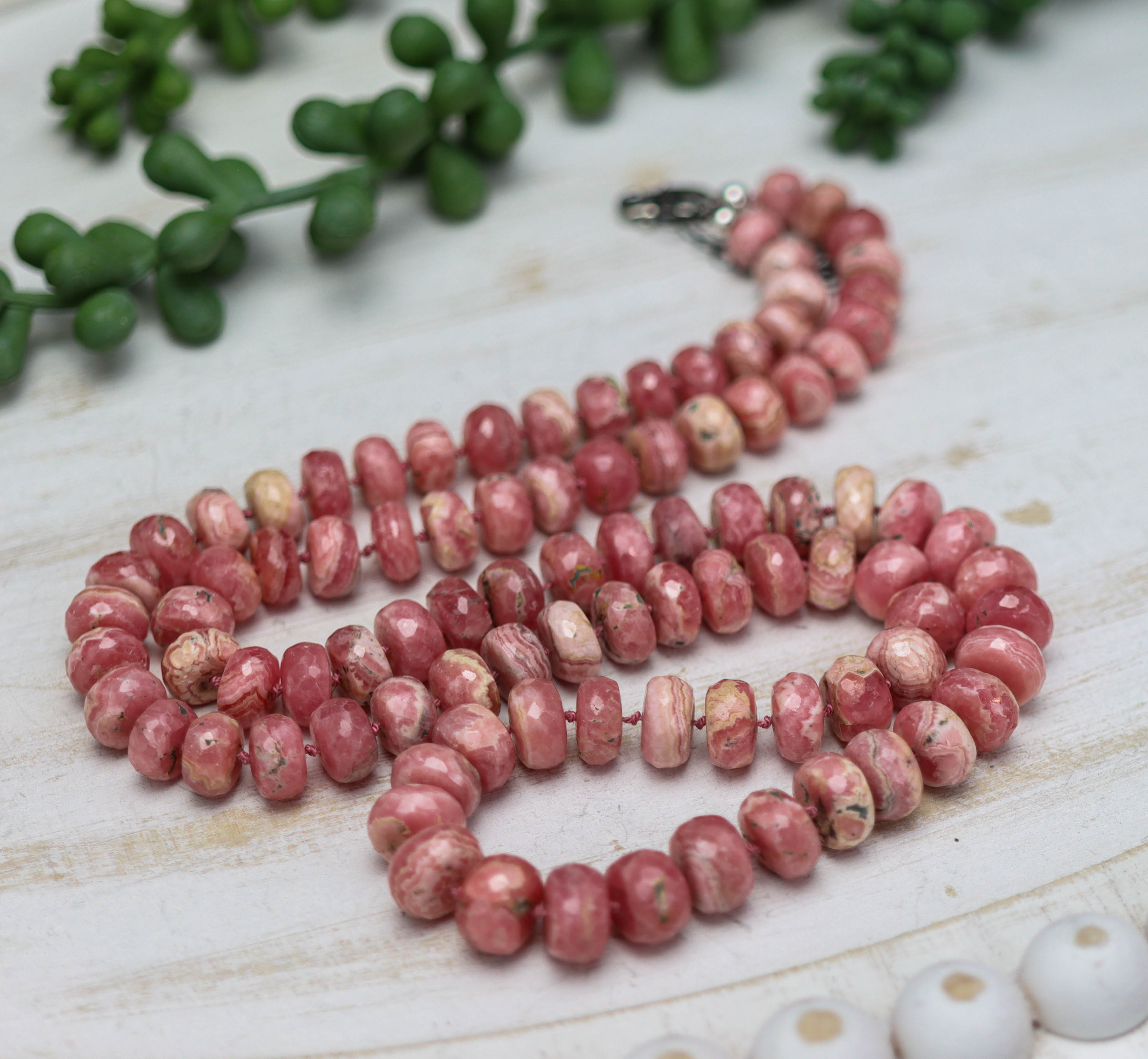 Pink Rhodochrosite Hand Knotted Bead Necklace Sterling Silver