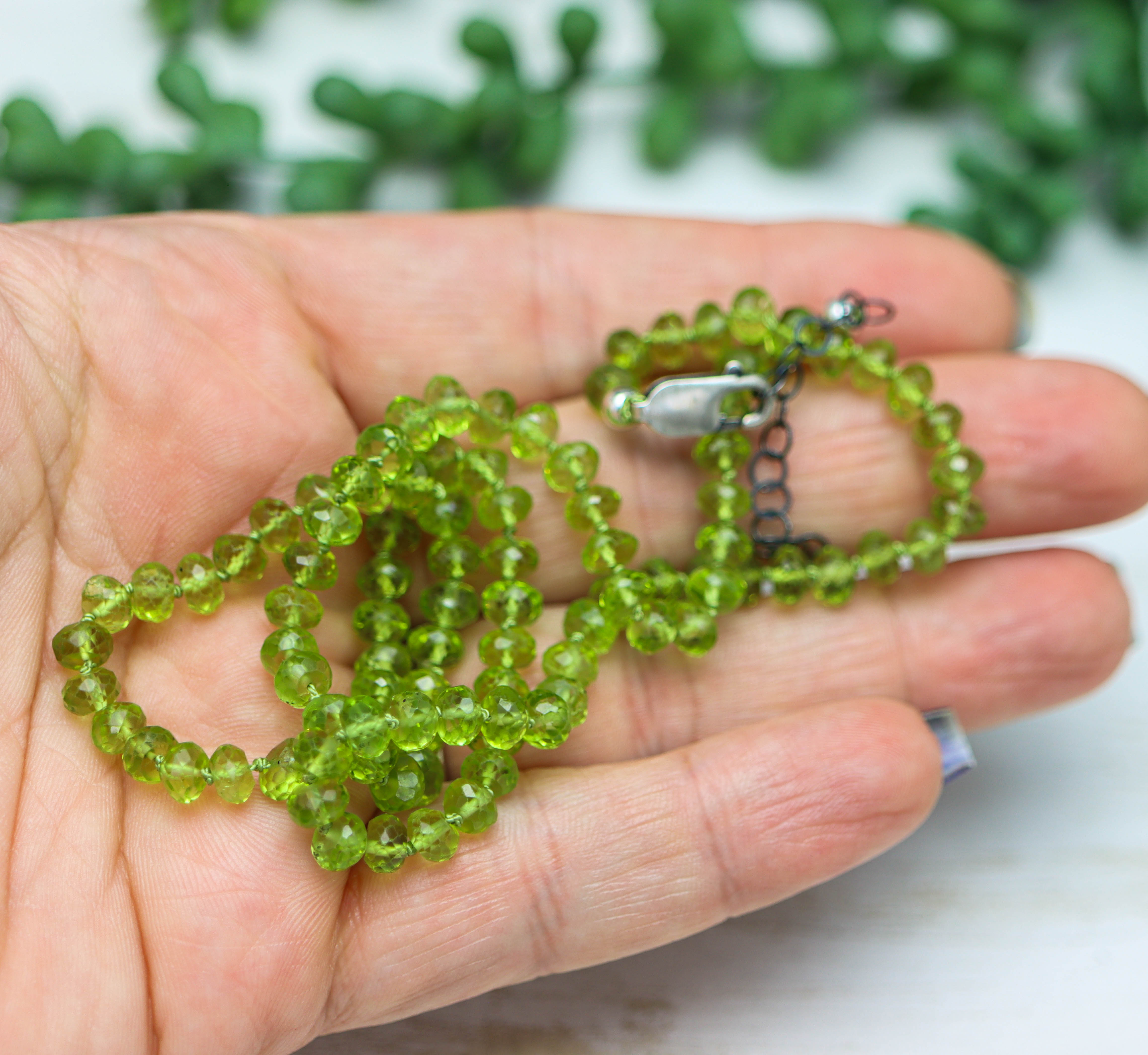 Green Peridot Hand Knotted Bead Necklace Sterling Silver