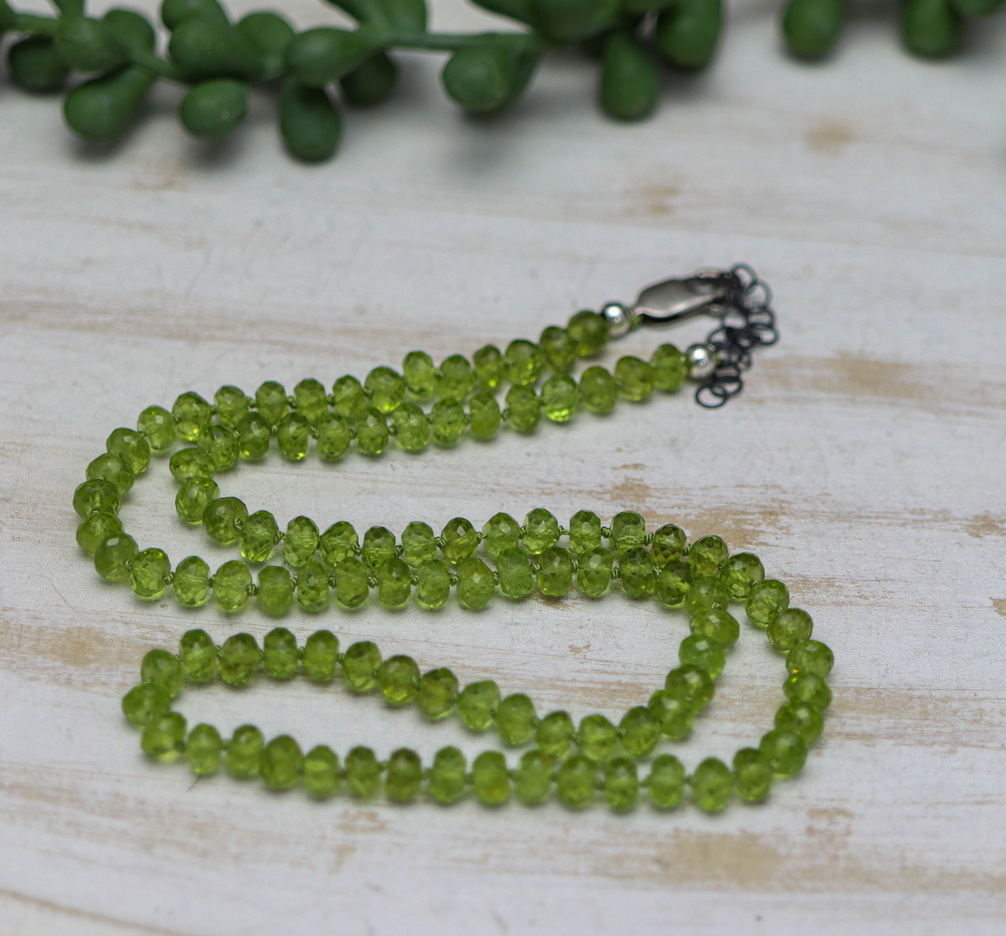 Green Peridot Hand Knotted Bead Necklace Sterling Silver