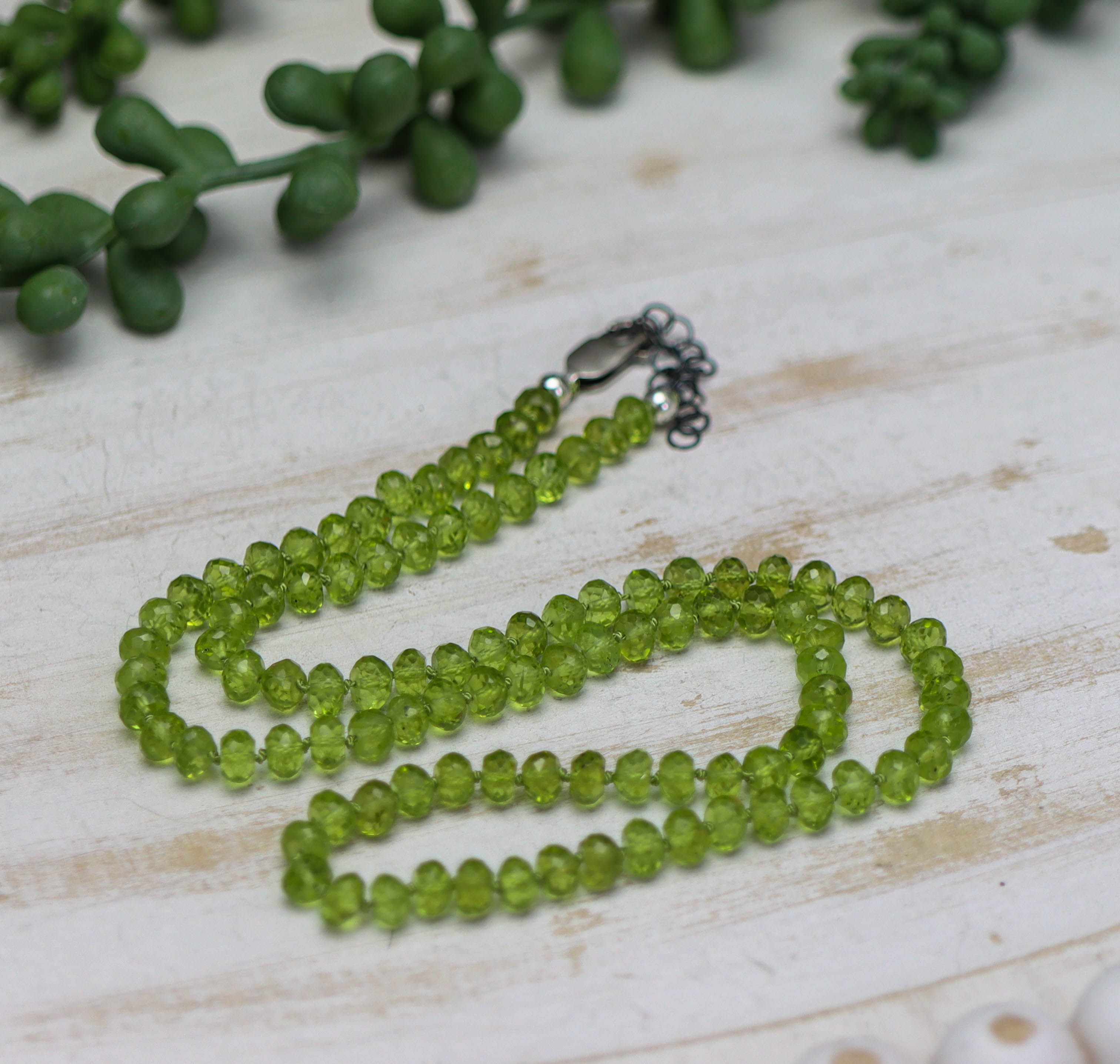 Green Peridot Hand Knotted Bead Necklace Sterling Silver