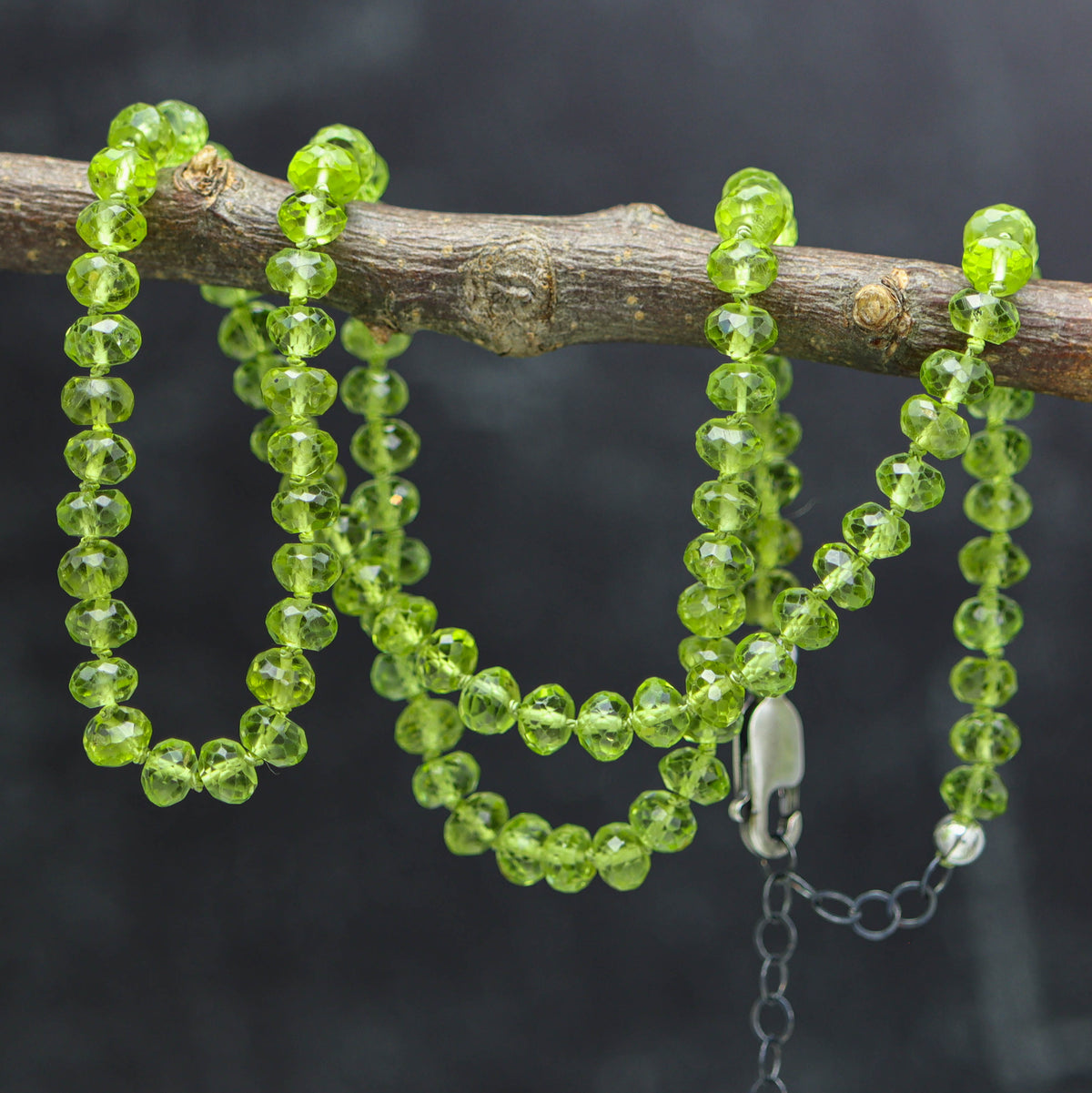 Green Peridot Hand Knotted Bead Necklace Sterling Silver