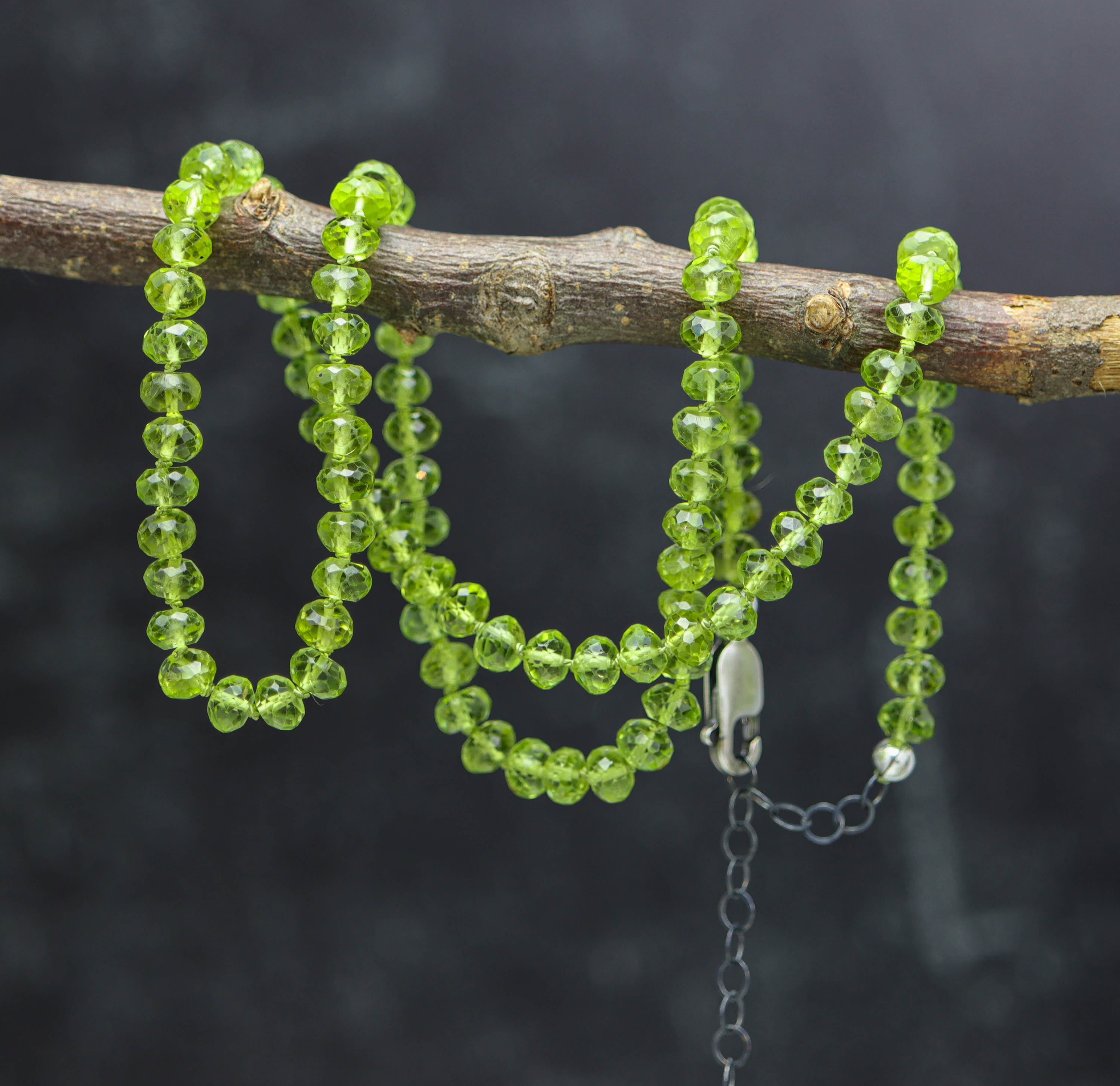 Green Peridot Hand Knotted Bead Necklace Sterling Silver
