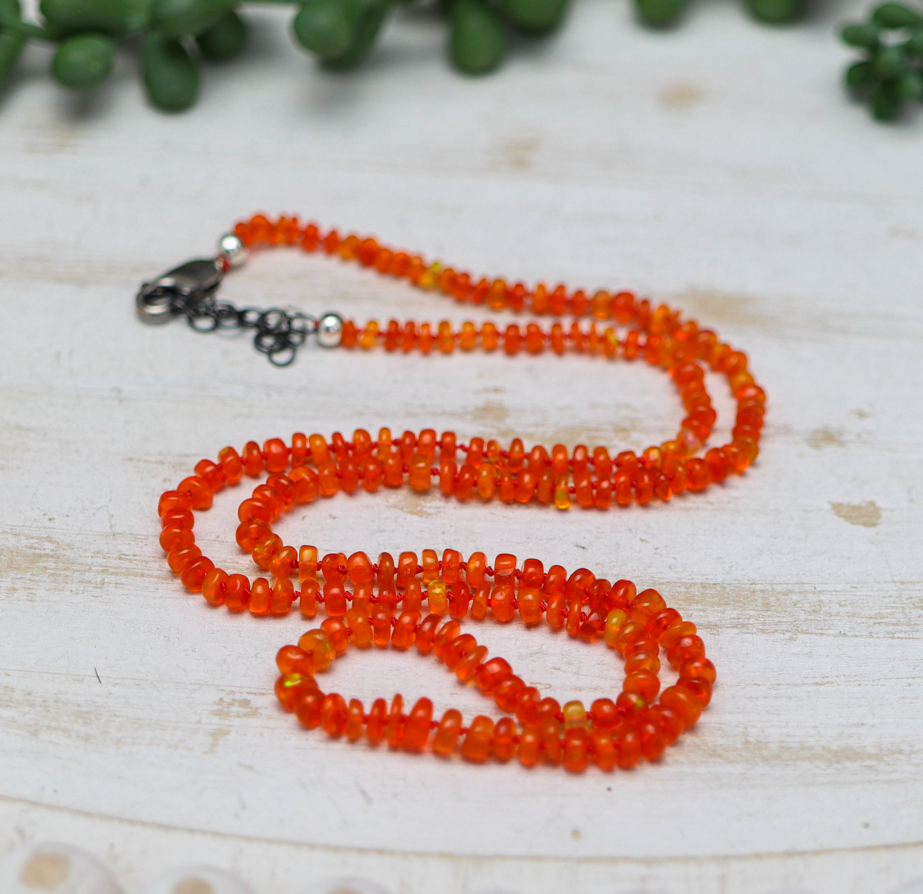 Bright Orange Opal Hand Knotted Bead Necklace Sterling Silver