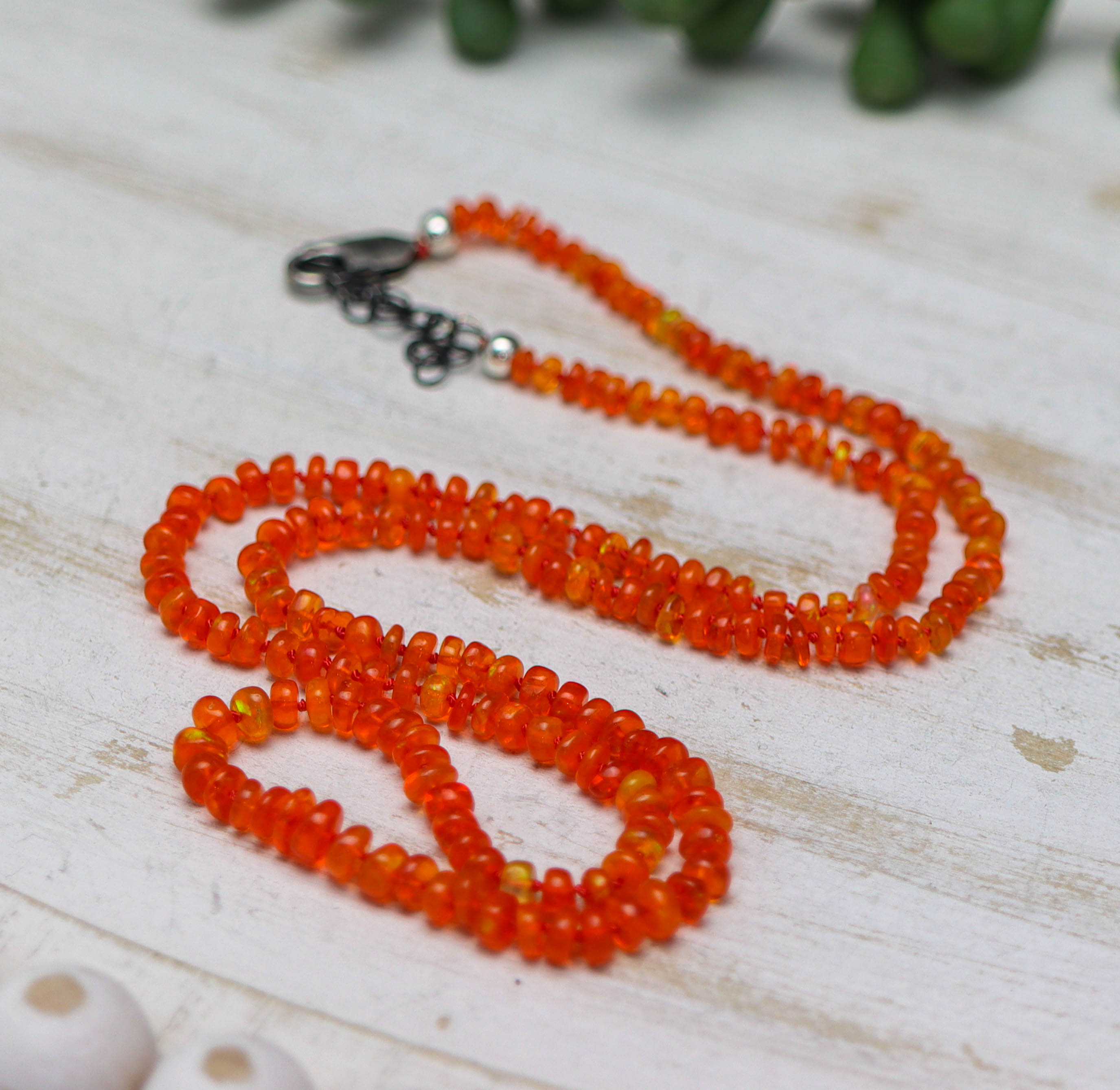 Bright Orange Opal Hand Knotted Bead Necklace Sterling Silver