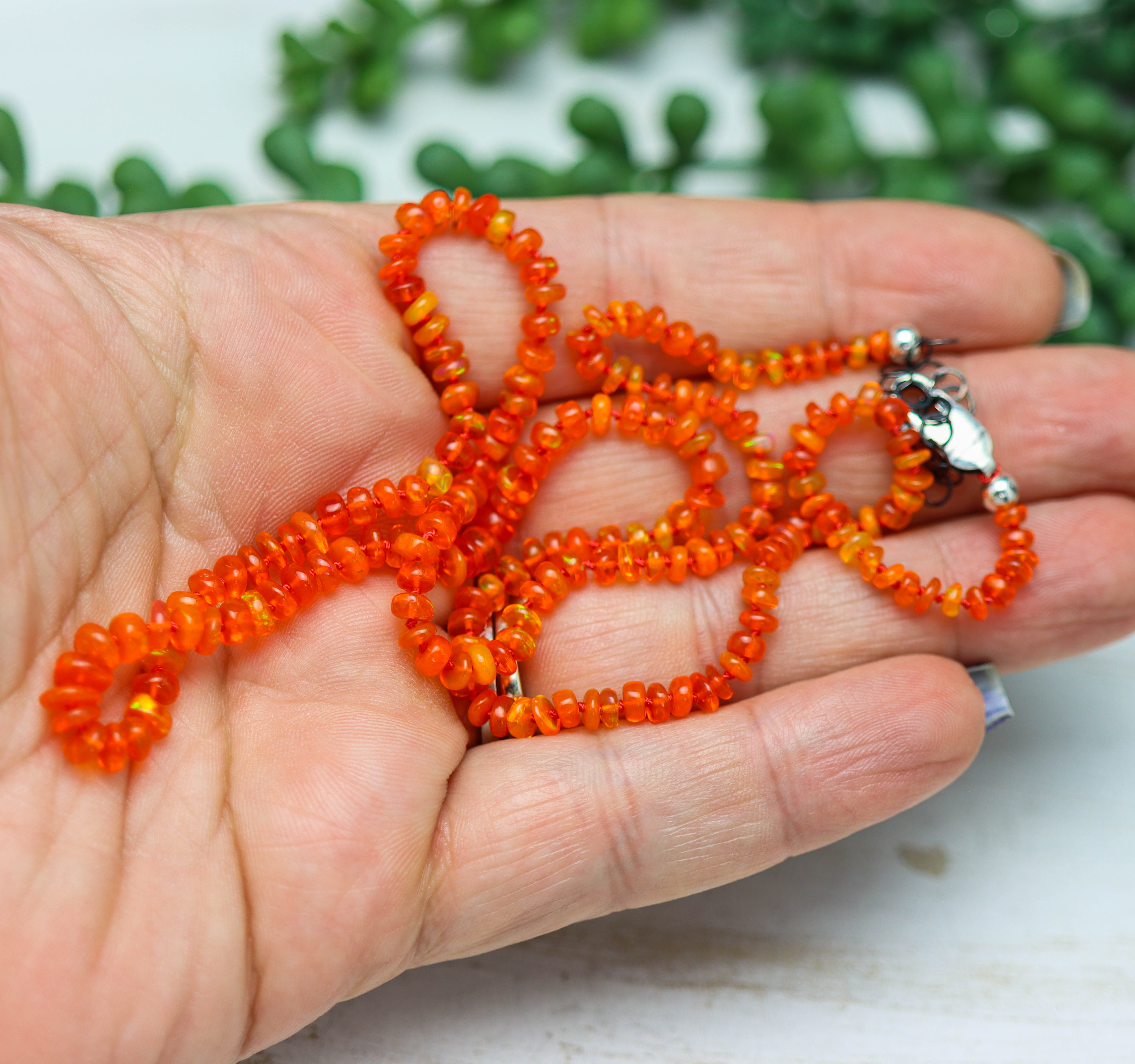Bright Orange Opal Hand Knotted Bead Necklace Sterling Silver