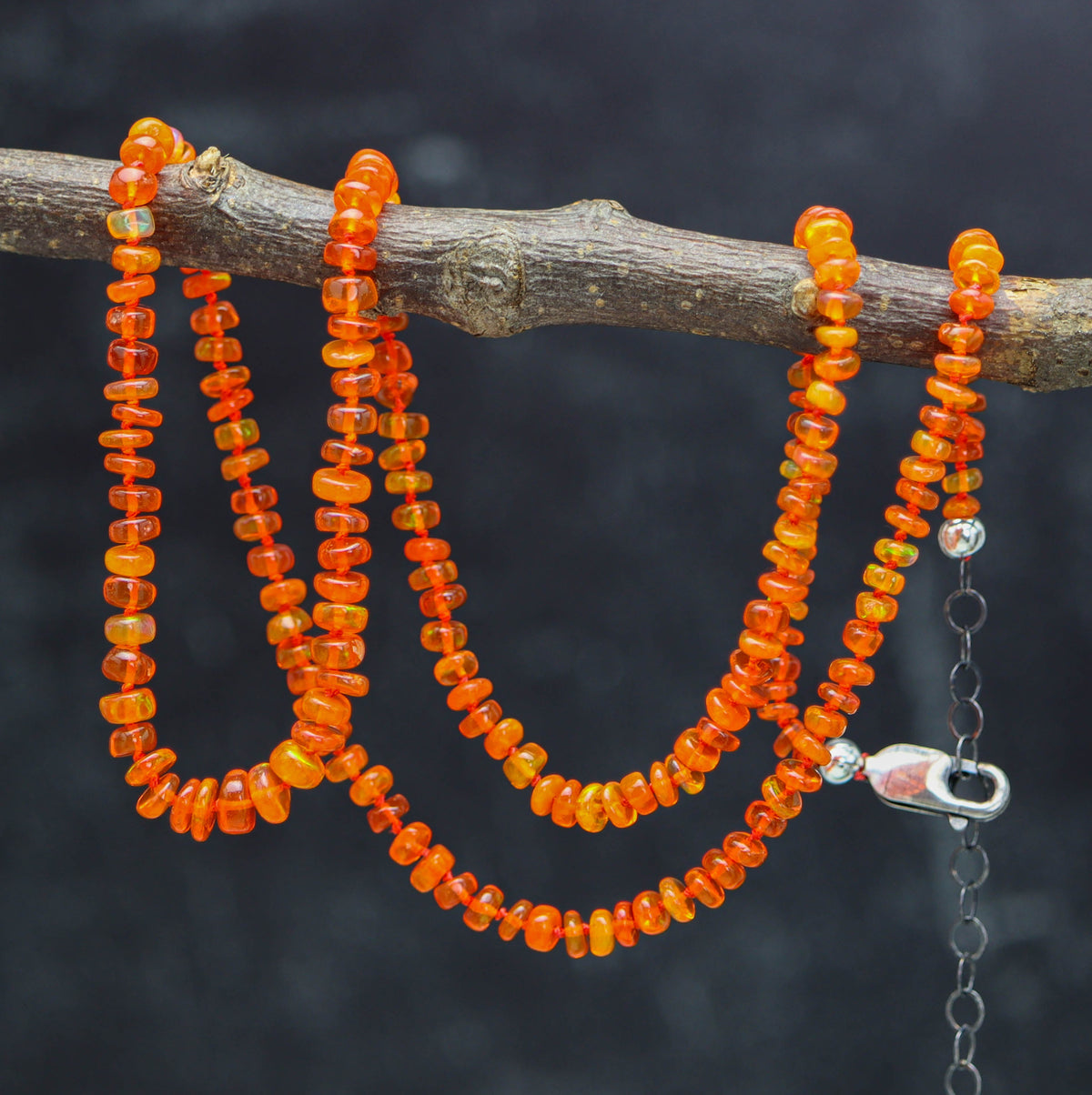 Bright Orange Opal Hand Knotted Bead Necklace Sterling Silver