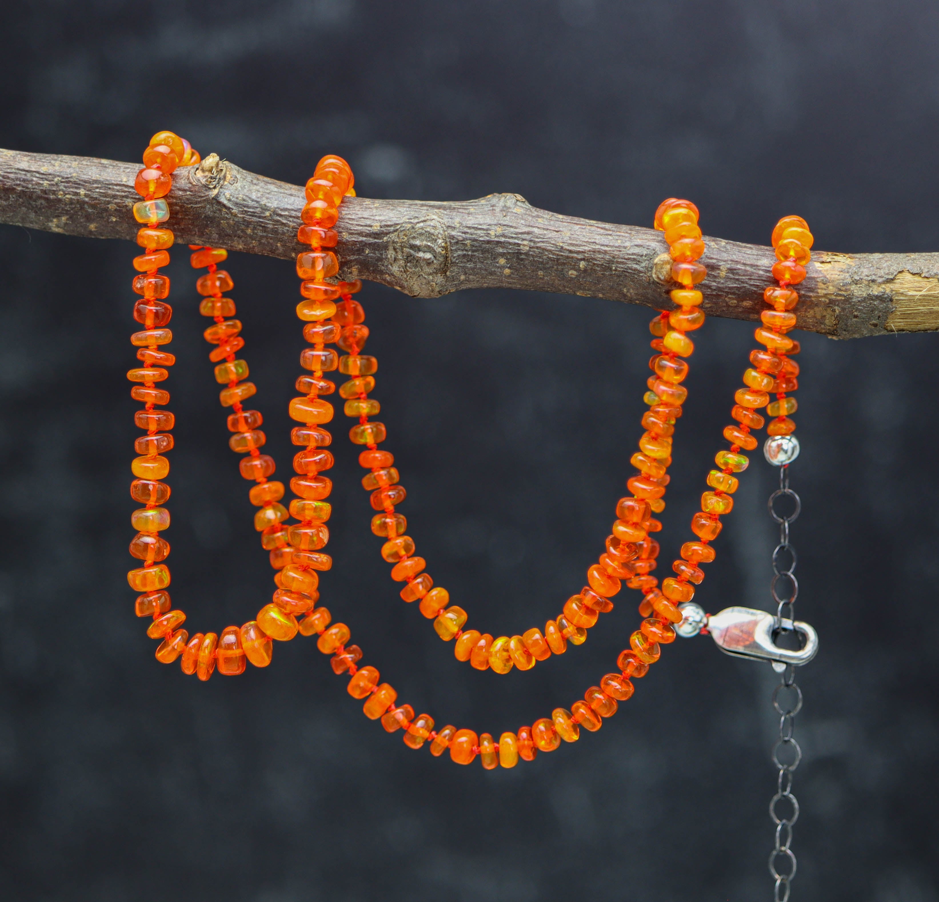 Bright Orange Opal Hand Knotted Bead Necklace Sterling Silver