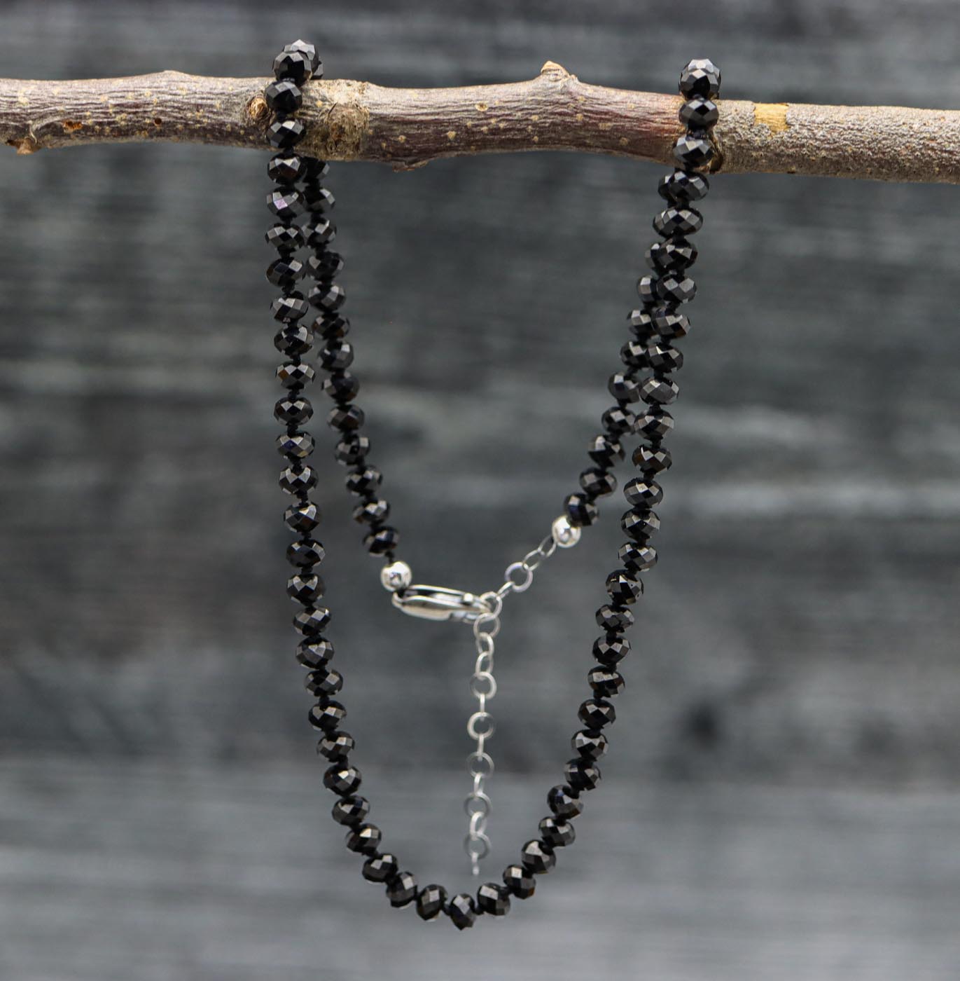 Sparkly Black Spinel Hand Knotted Bead Necklace Sterling Silver 16 Inch