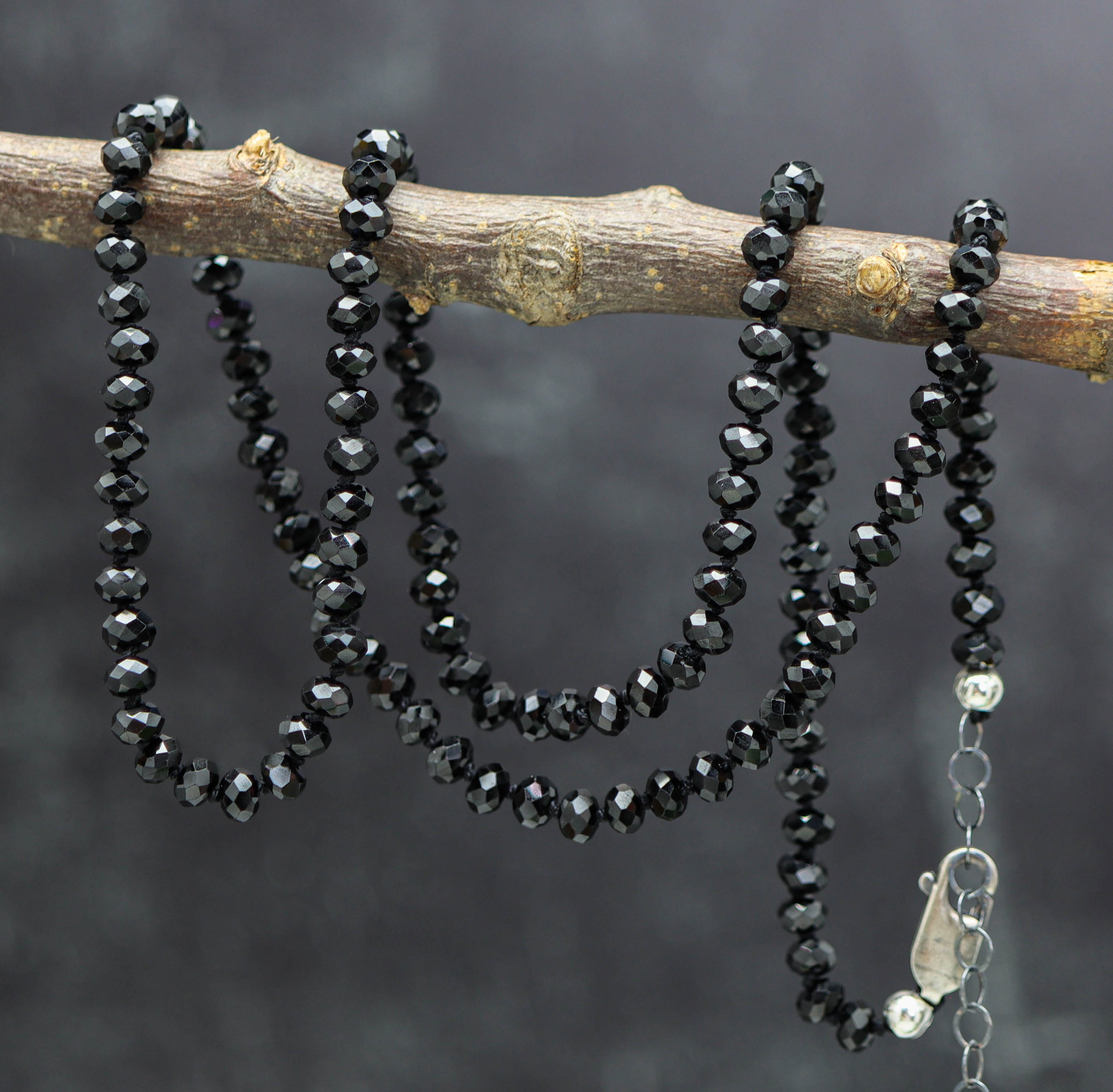 Sparkly Black Spinel Hand Knotted Bead Necklace Sterling Silver 21 Inch