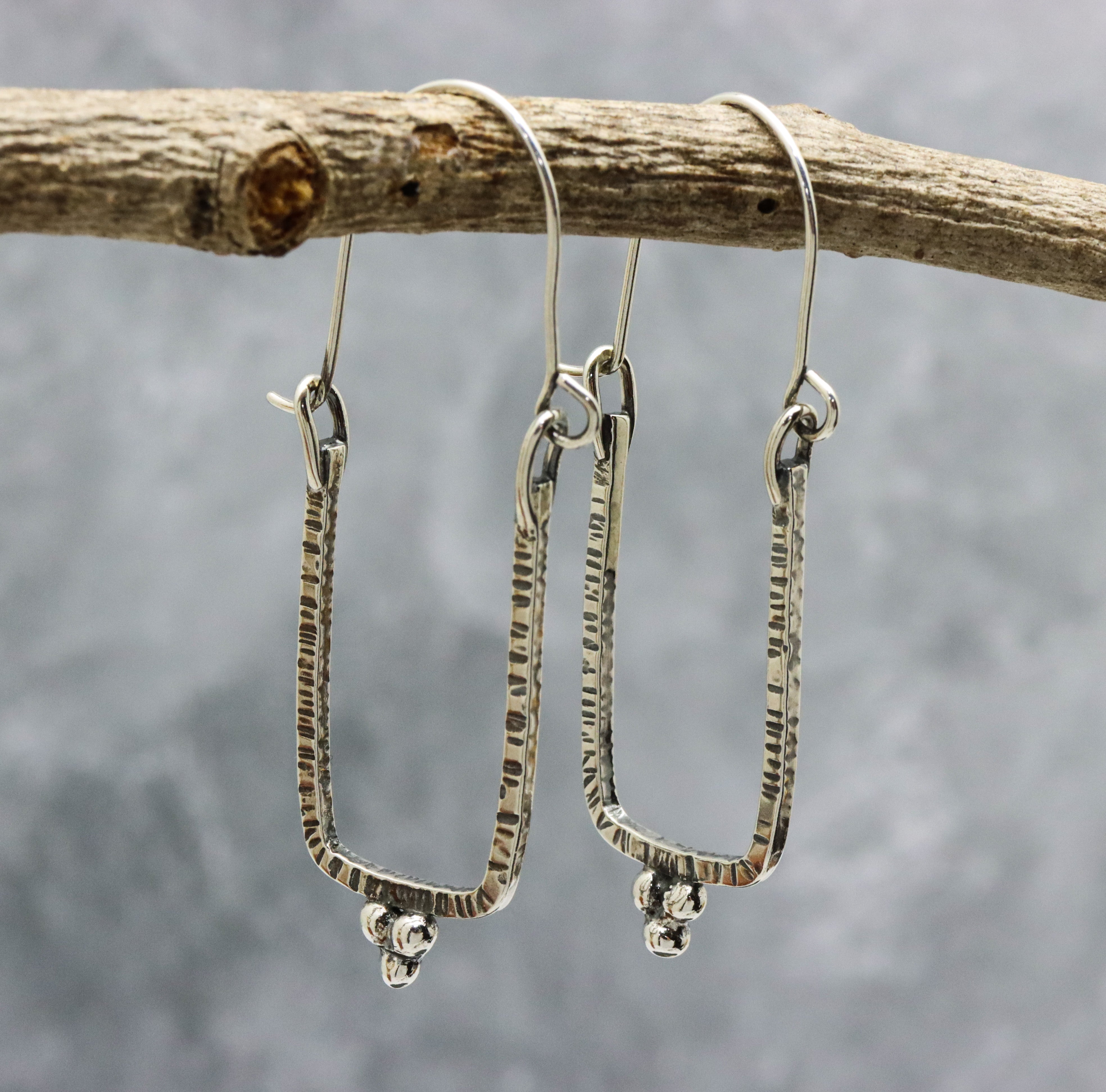 Narrow Rectangle Granulated Hoop Earrings in Sterling Silver Made To Order