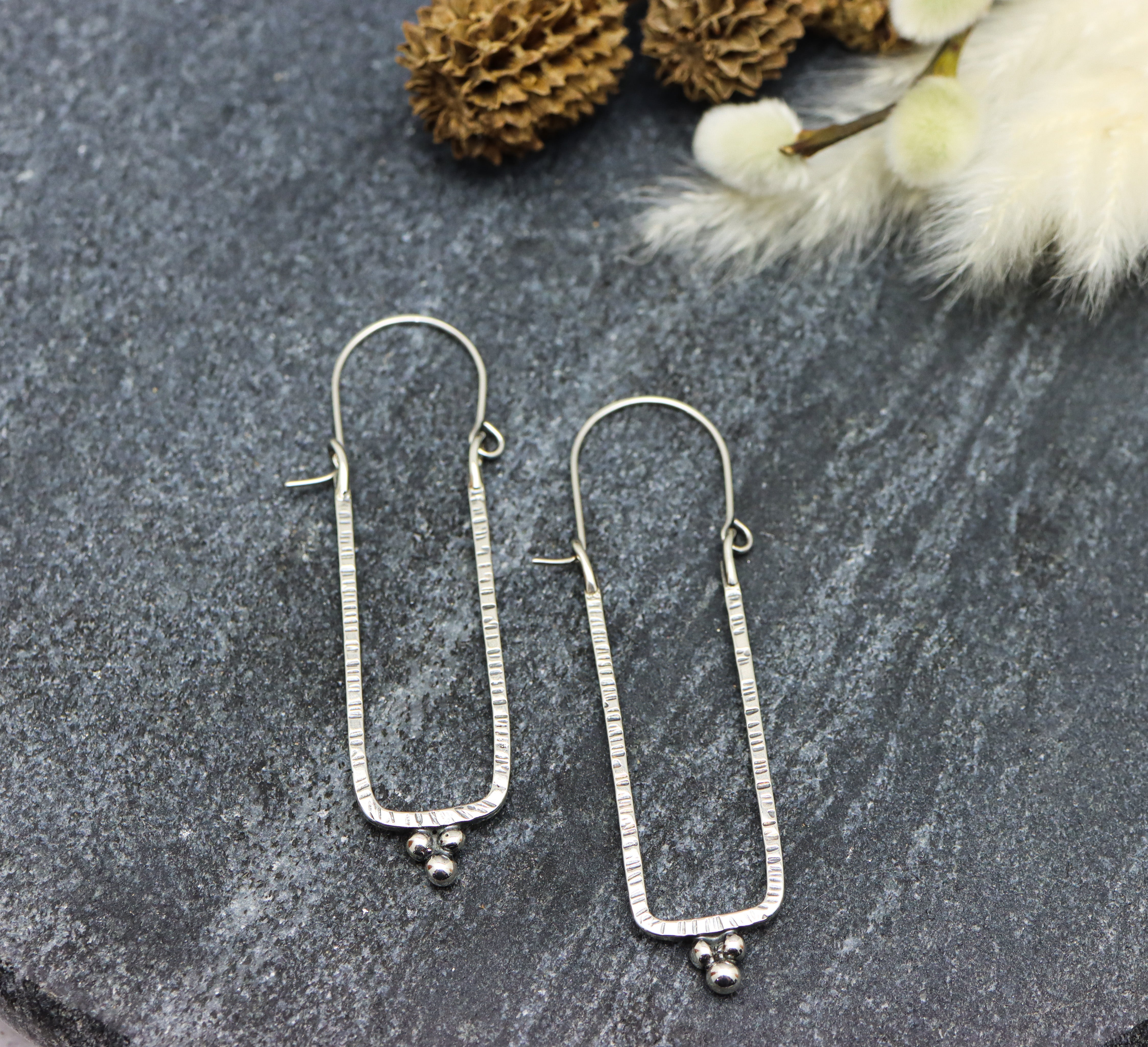 Narrow Rectangle Granulated Hoop Earrings in Sterling Silver Made To Order