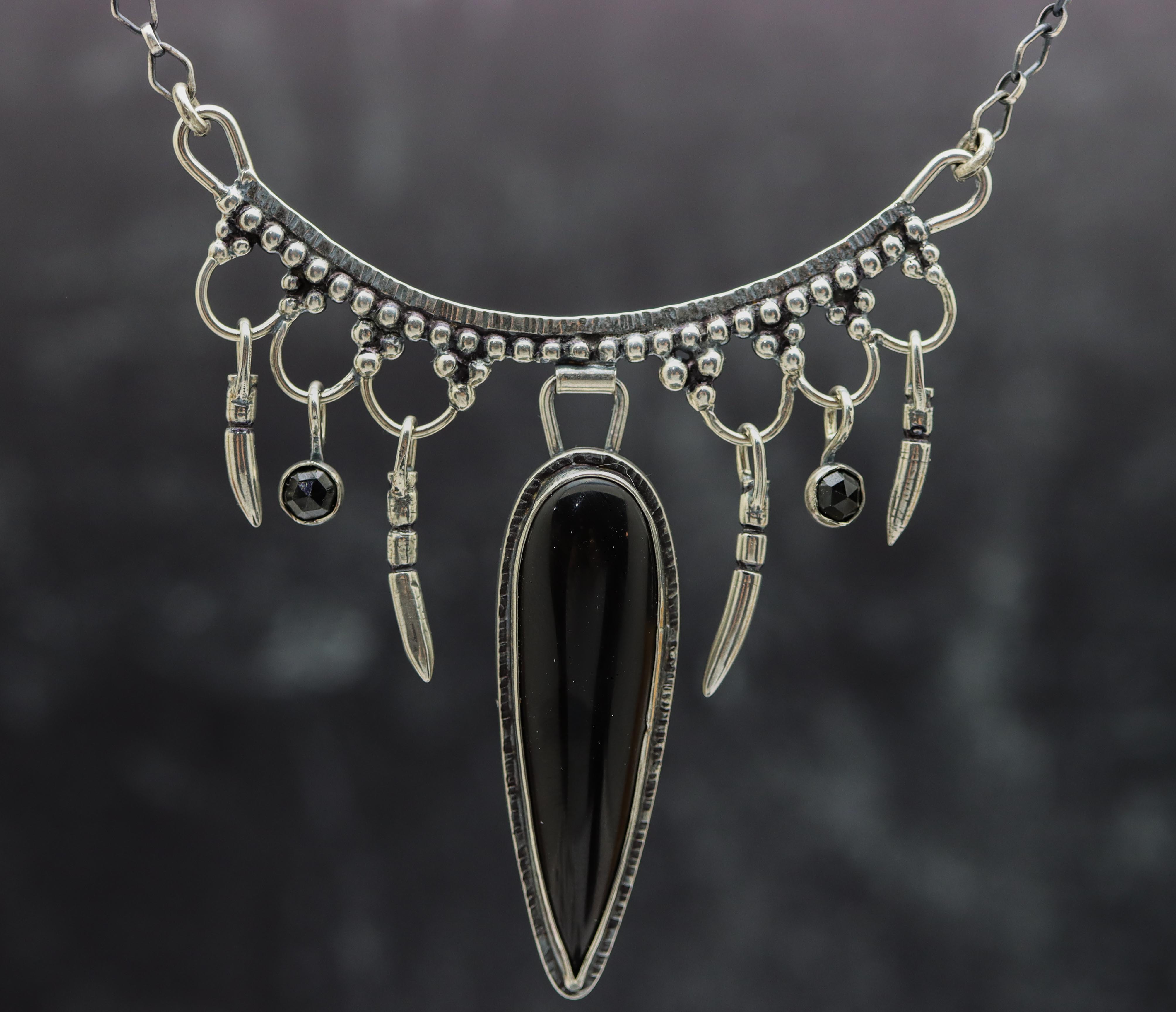 Black Obsidian and Spinel Arc Necklace Sterling Silver One Of a Kind Gemstone Necklace