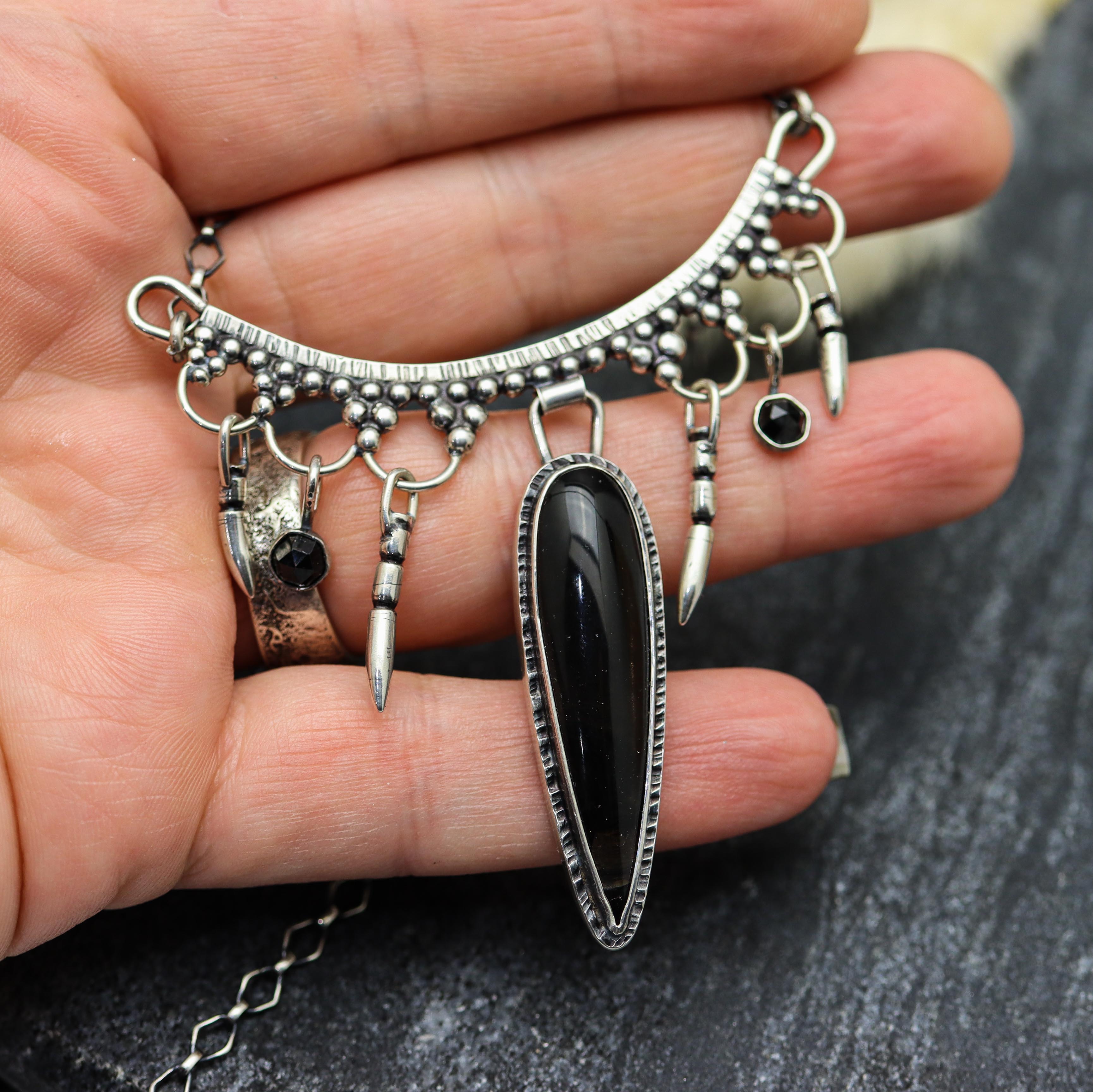 Black Obsidian and Spinel Arc Necklace Sterling Silver One Of a Kind Gemstone Necklace