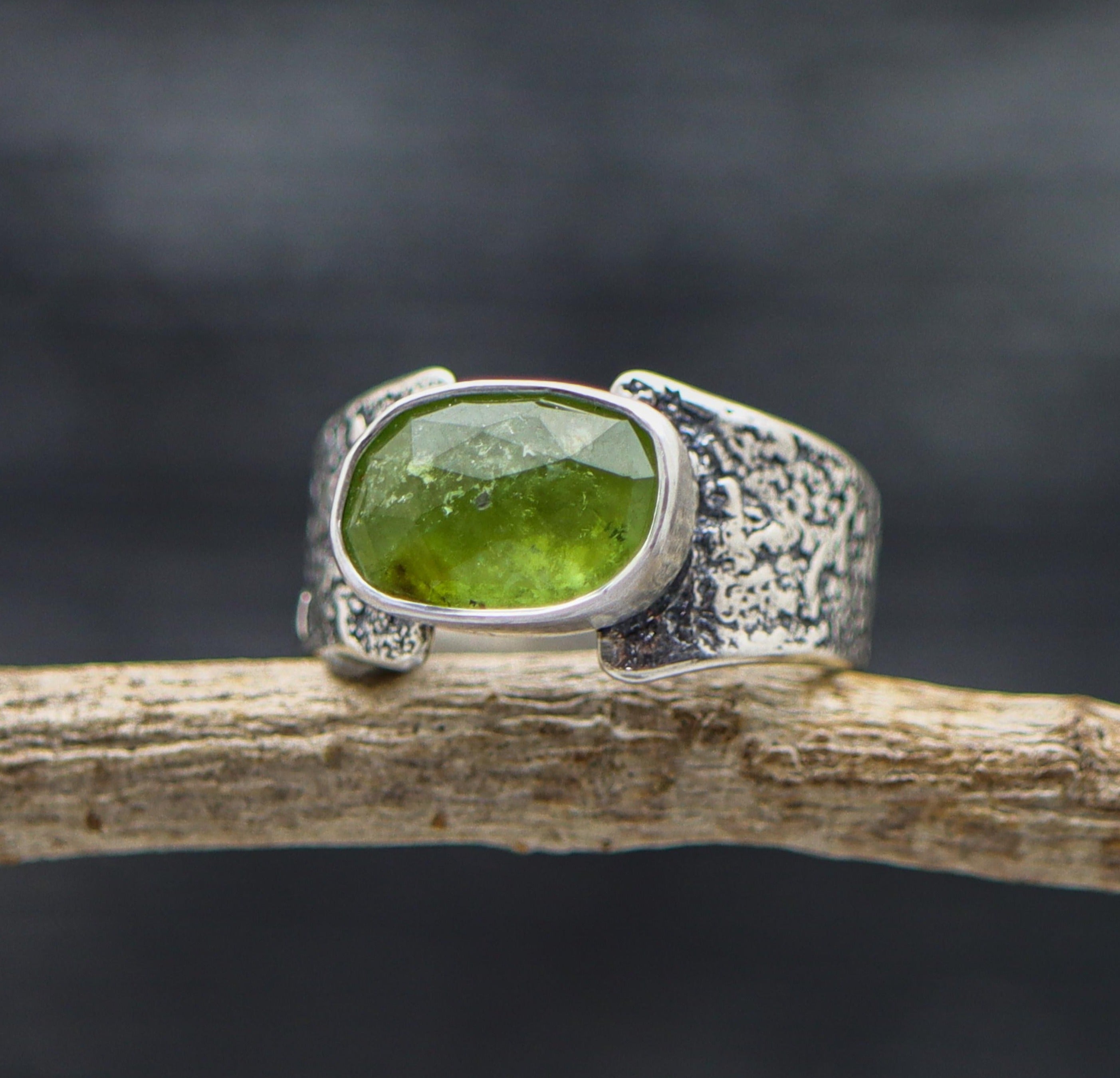 Green Tourmaline Sterling Silver Wide Band Ring
