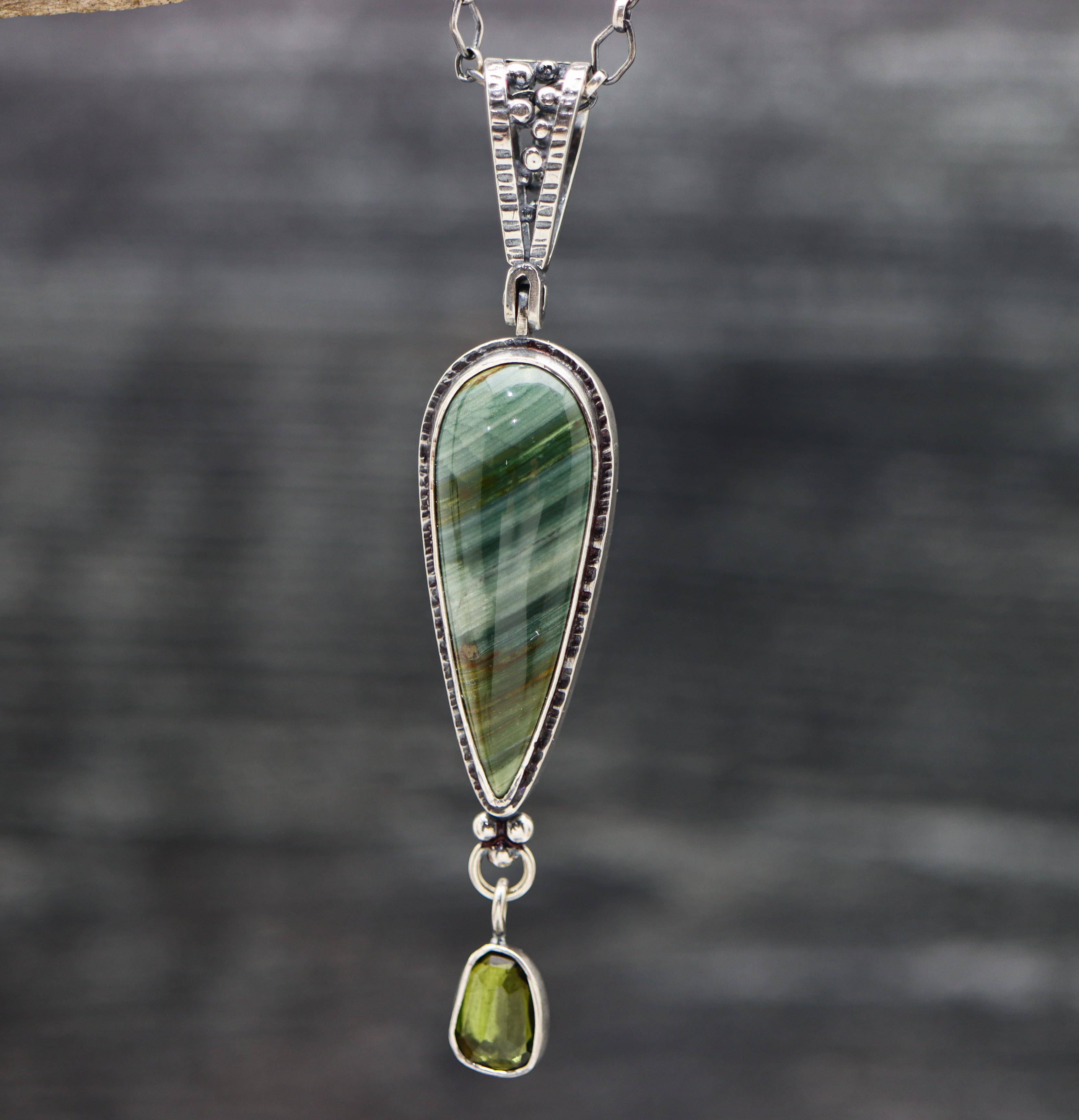 Caldera Paint and Green Tourmaline Pendant Sterling Silver One Of a Kind Gemstone Necklace