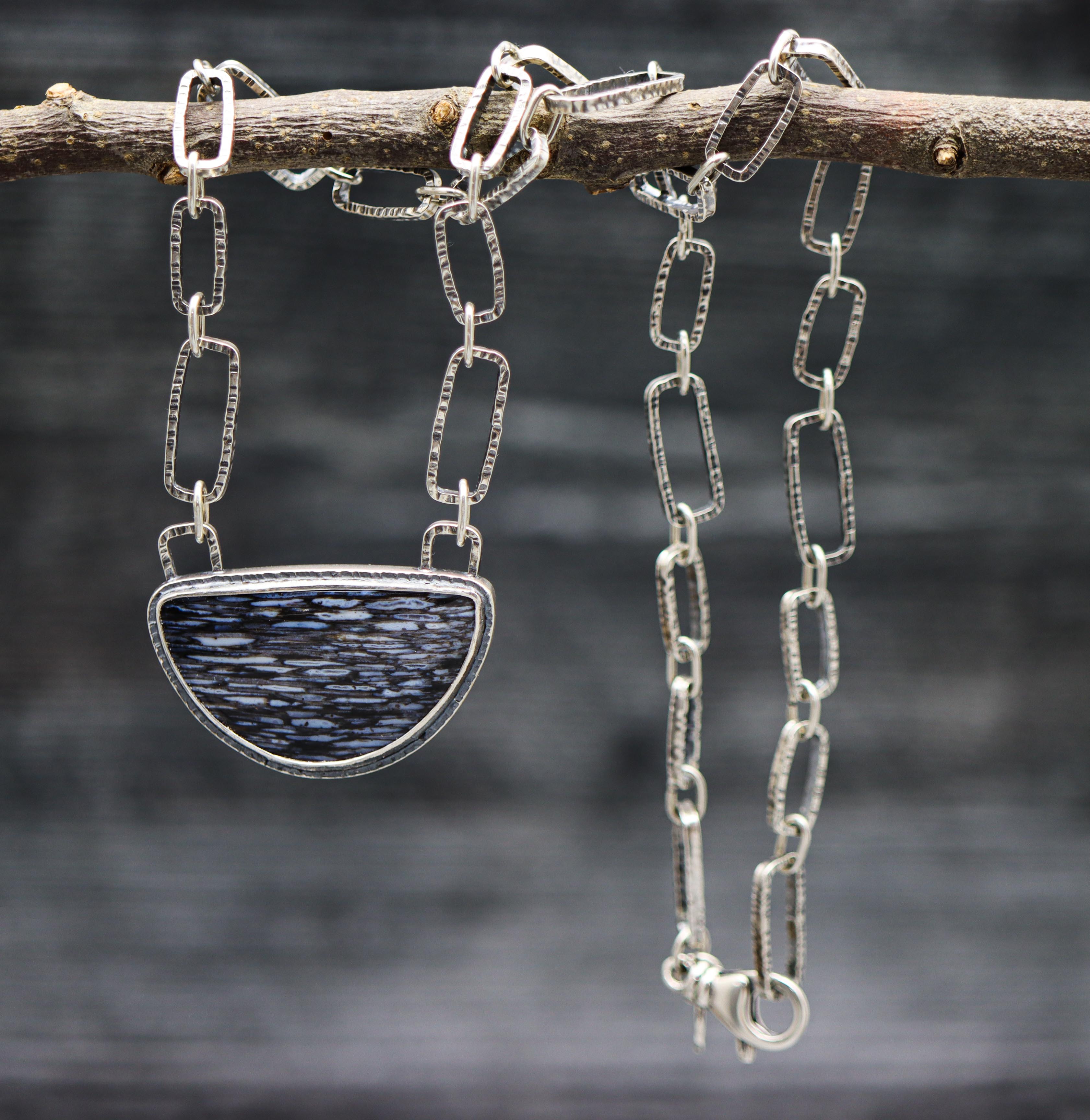 Petrified Palm Wood Necklace with Hand Forged Sterling Silver Chain