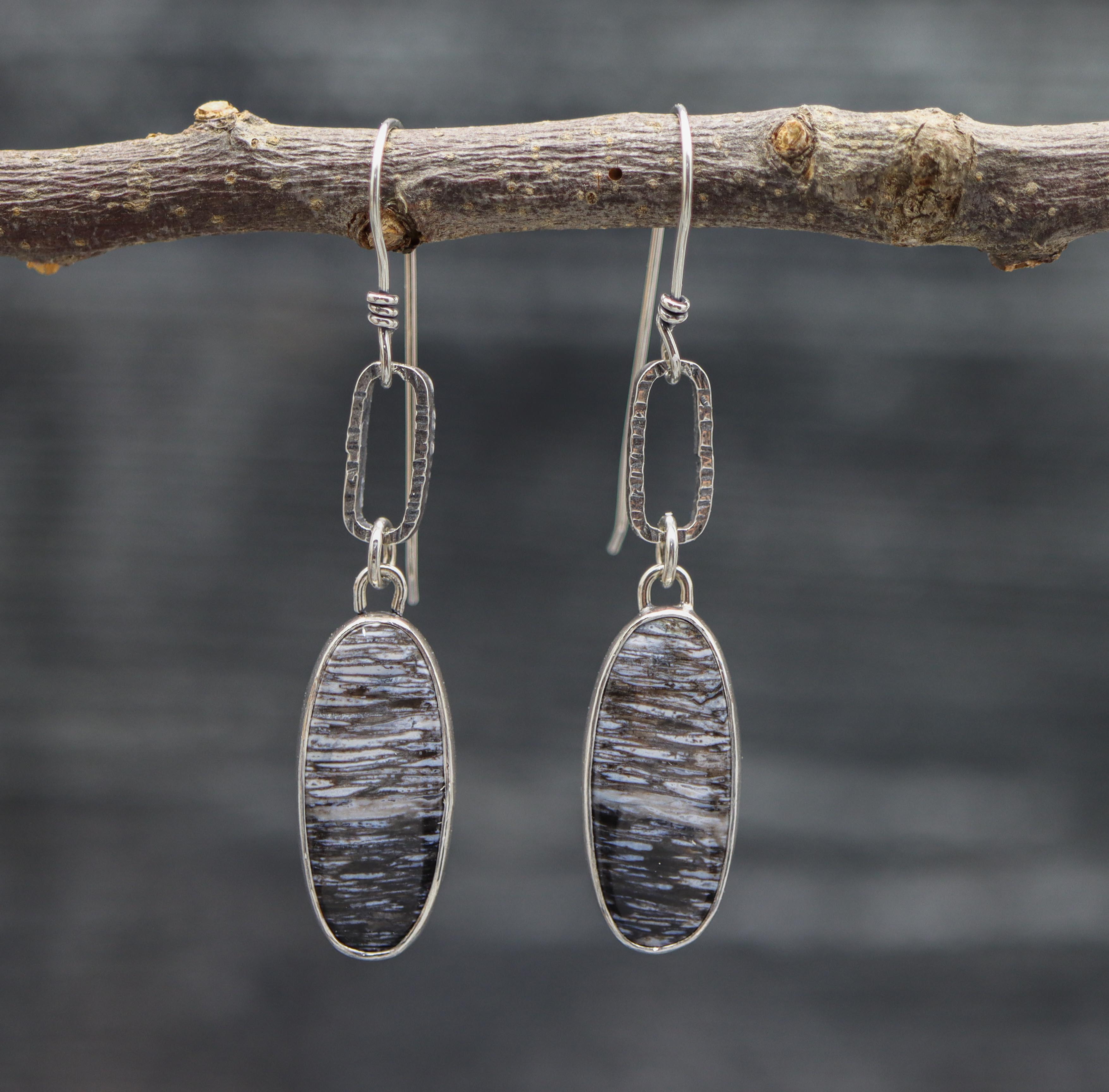 Fossilized Palm Wood Dangle Earrings Sterling Silver