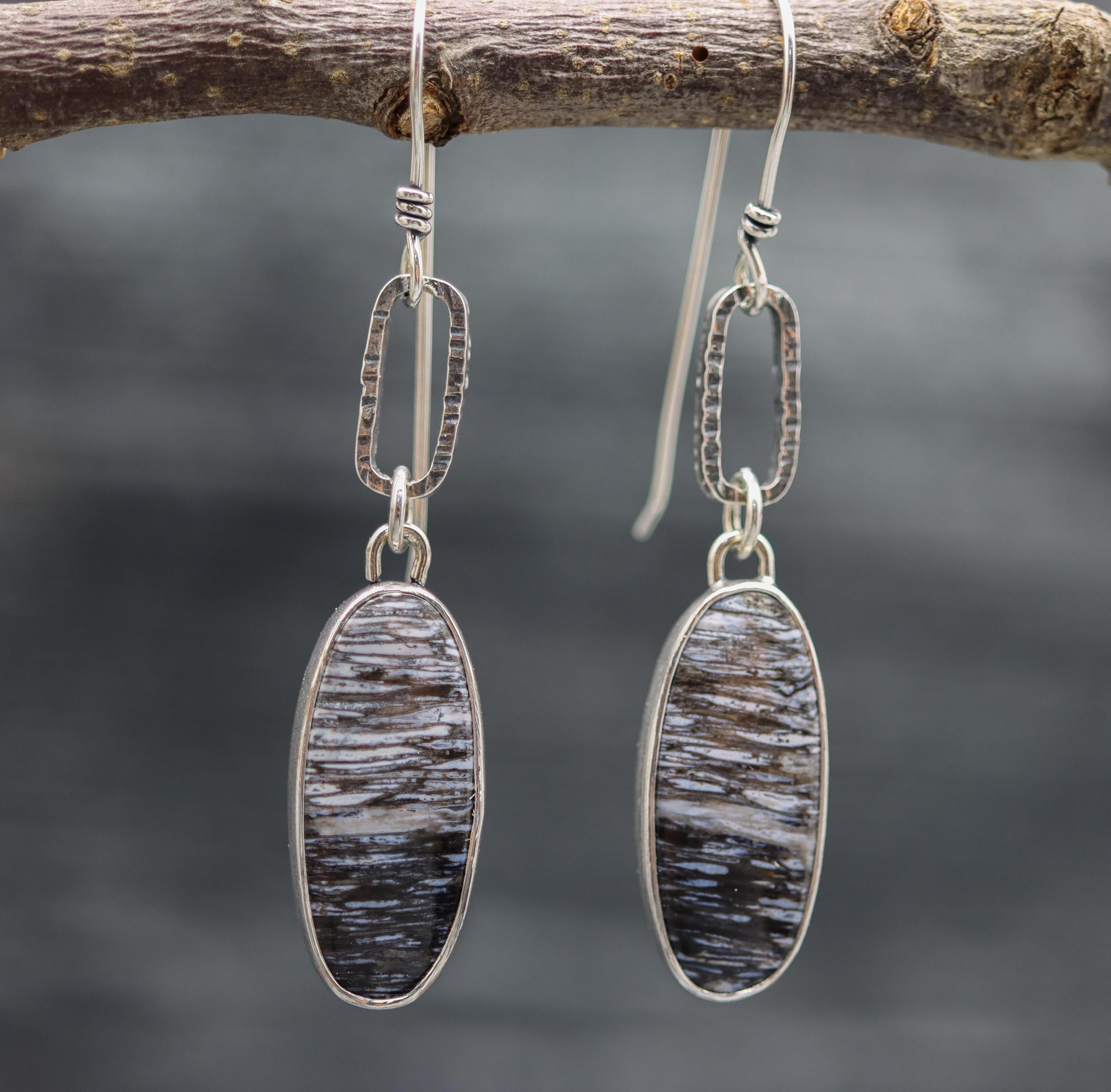 Petrified Palm Wood Dangle Earrings Sterling Silver