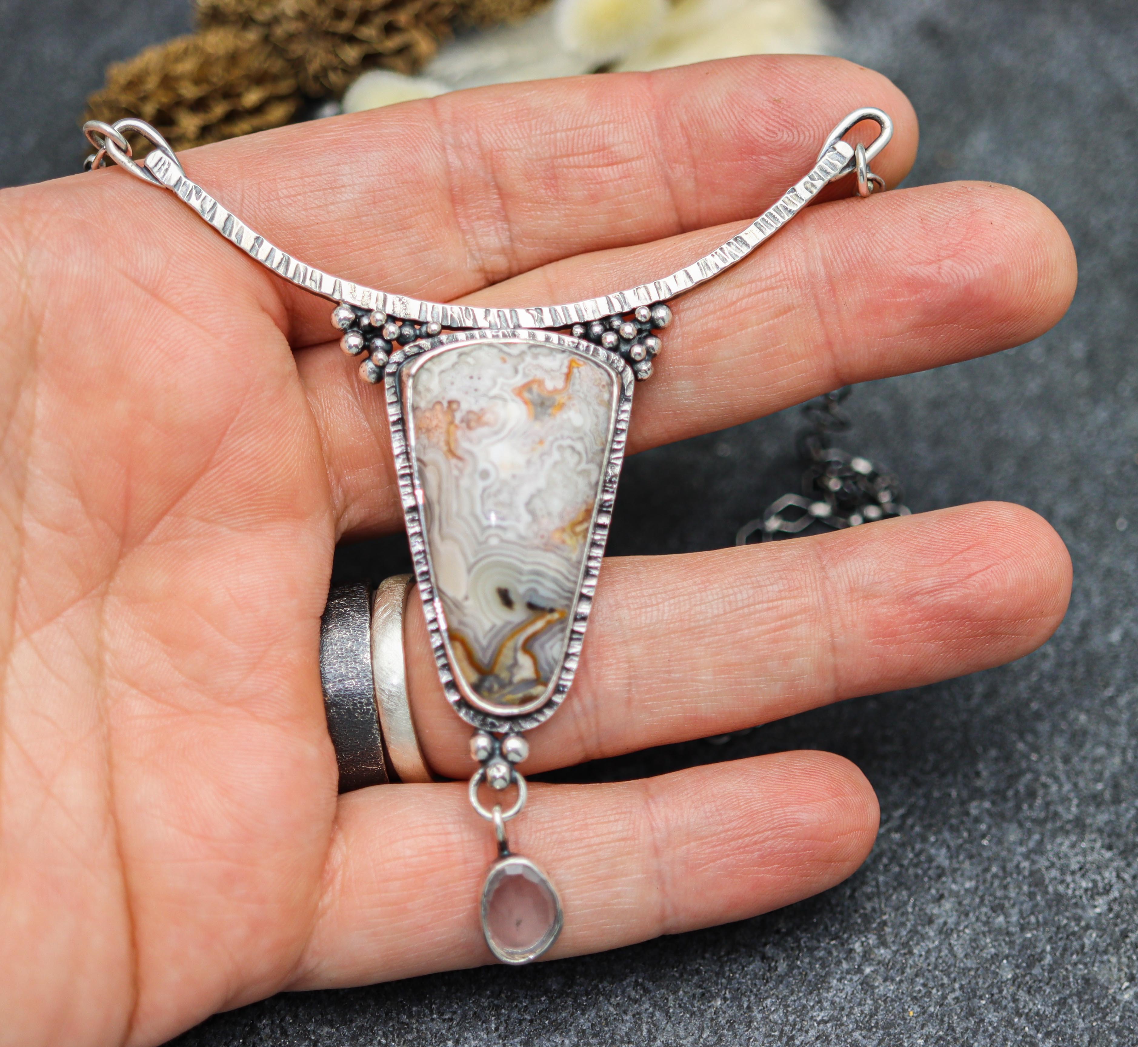Laguna Agate and Rose Quartz Pendant Sterling Silver One Of a Kind Gemstone Necklace