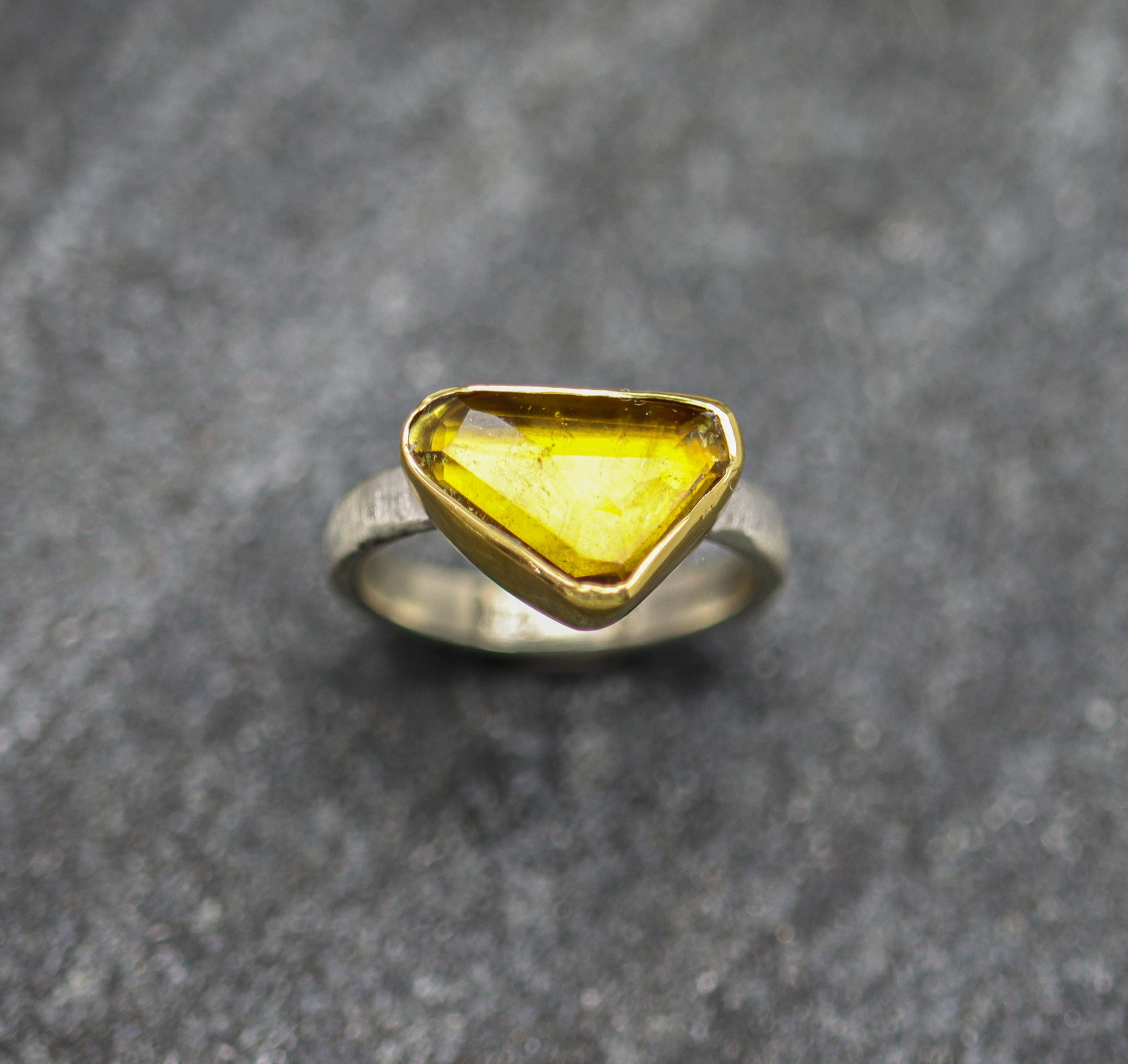 Yellow Tourmaline Sterling Silver and 22k Gold Ring Size 7.5
