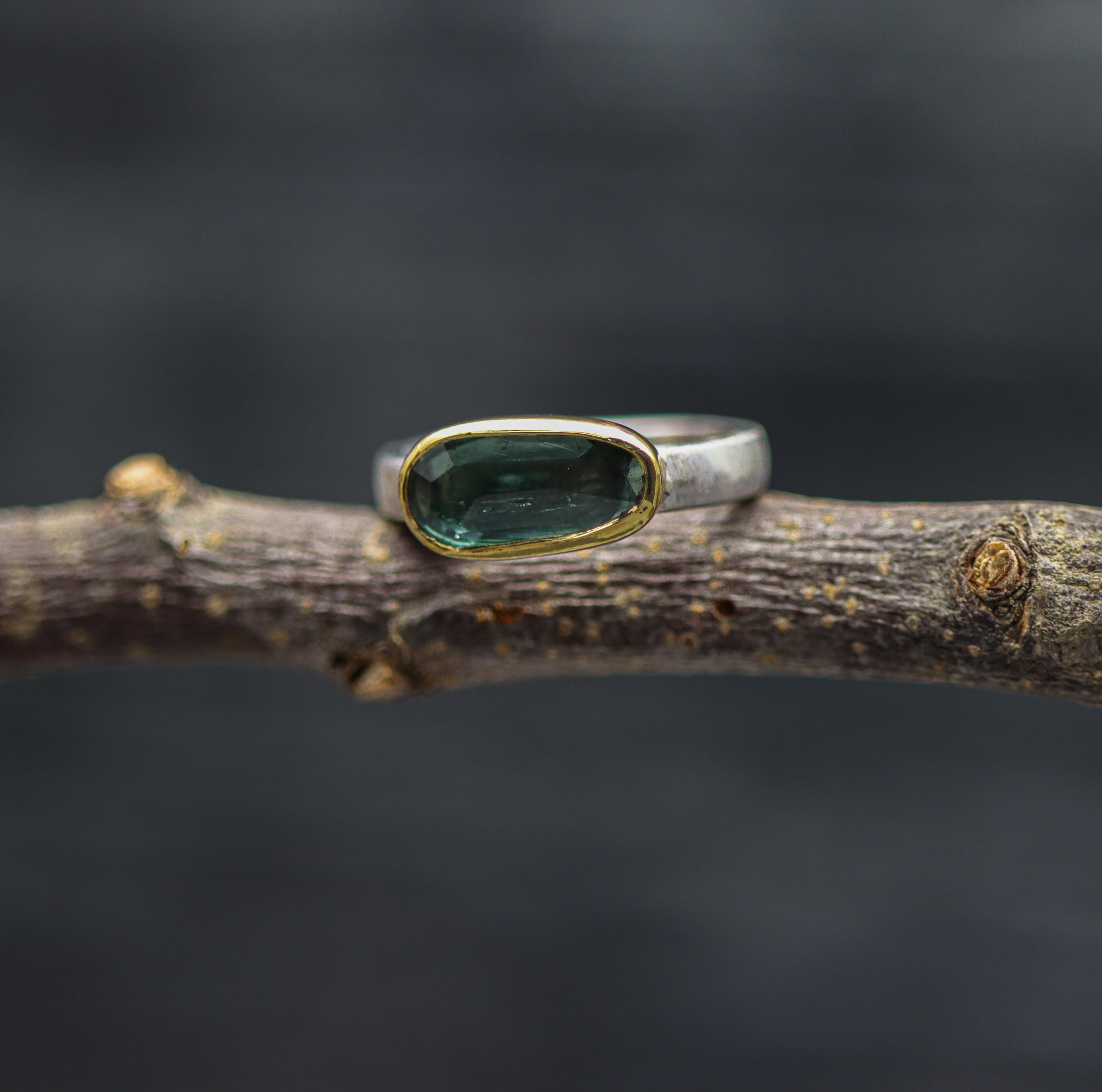 Green Tourmaline Sterling Silver and 22k Gold Ring Size 7.25