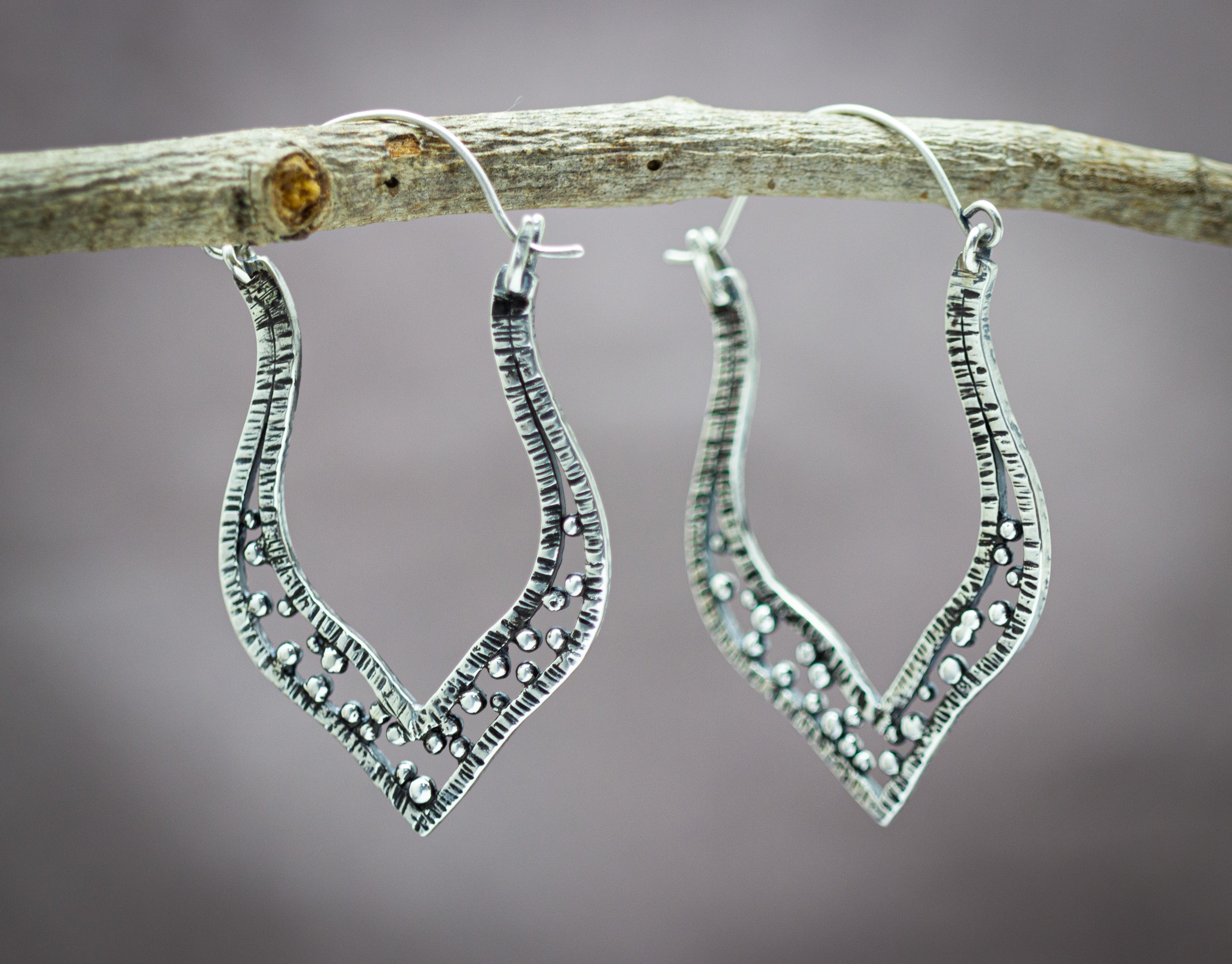 Boho Hoop Earrings Sterling Silver Textured and Hand Forged Granulation Earrings
