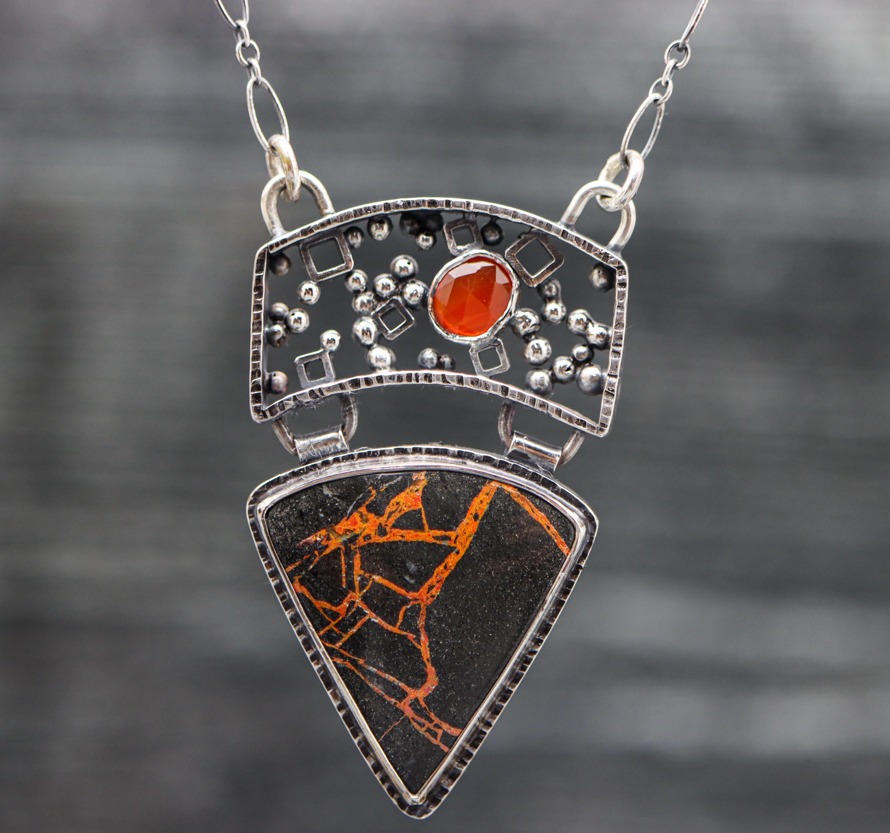 Lava Flow Jasper and Carnelian Pendant Sterling Silver One Of a Kind Gemstone Necklace