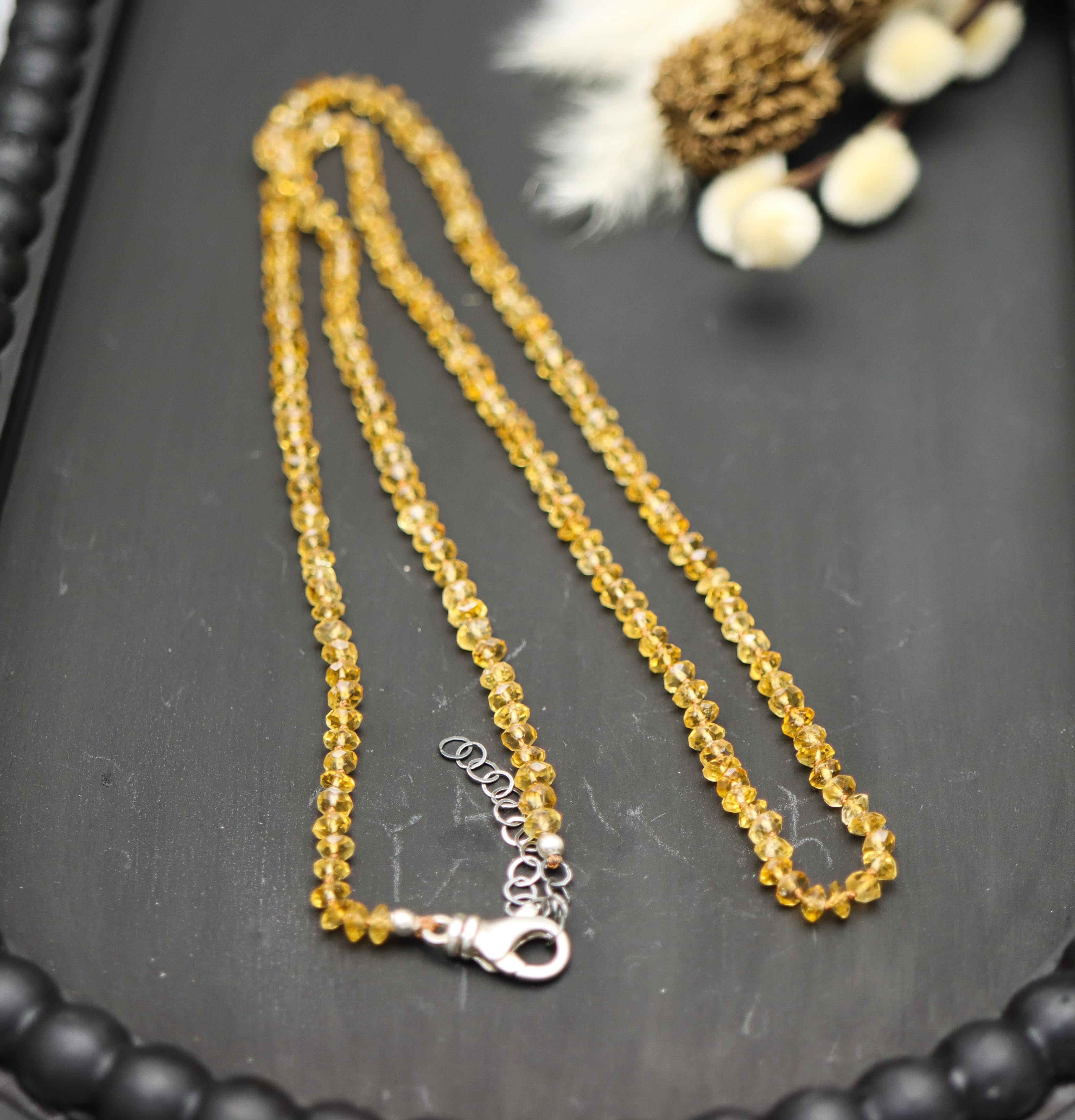 Sunny Yellow Citrine Hand Knotted Bead Necklace Sterling Silver