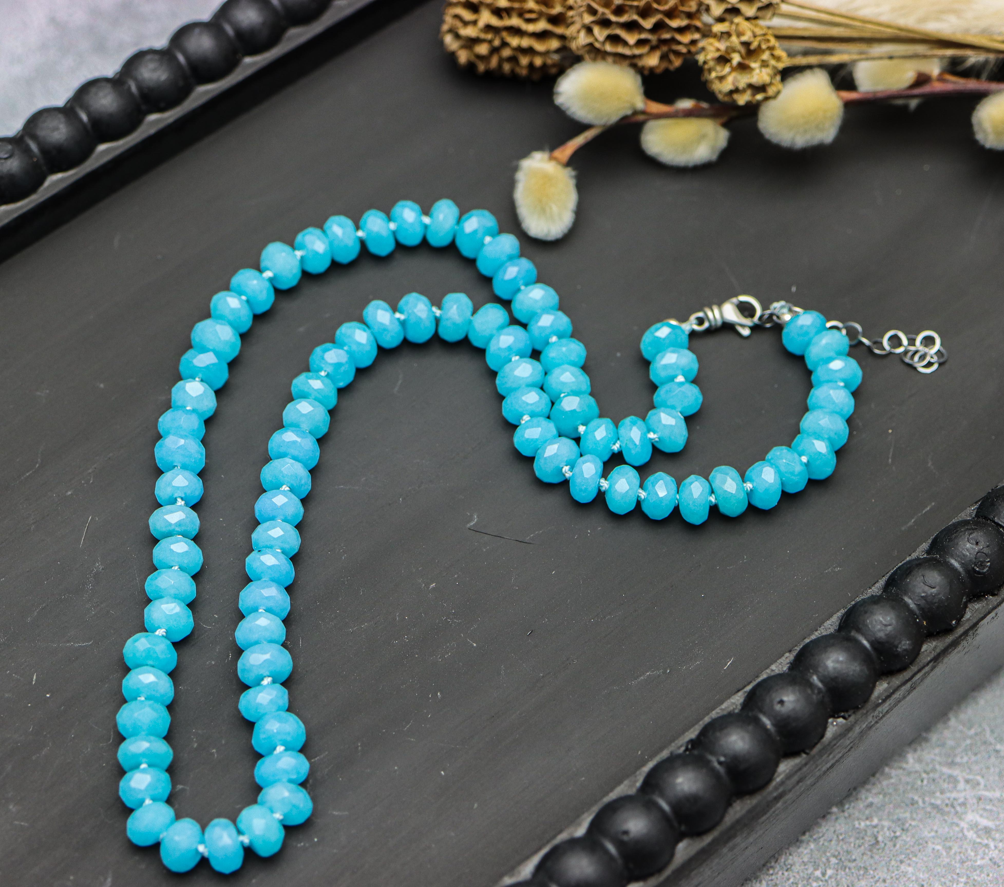Blue Quartz Hand Knotted Bead Necklace Sterling Silver