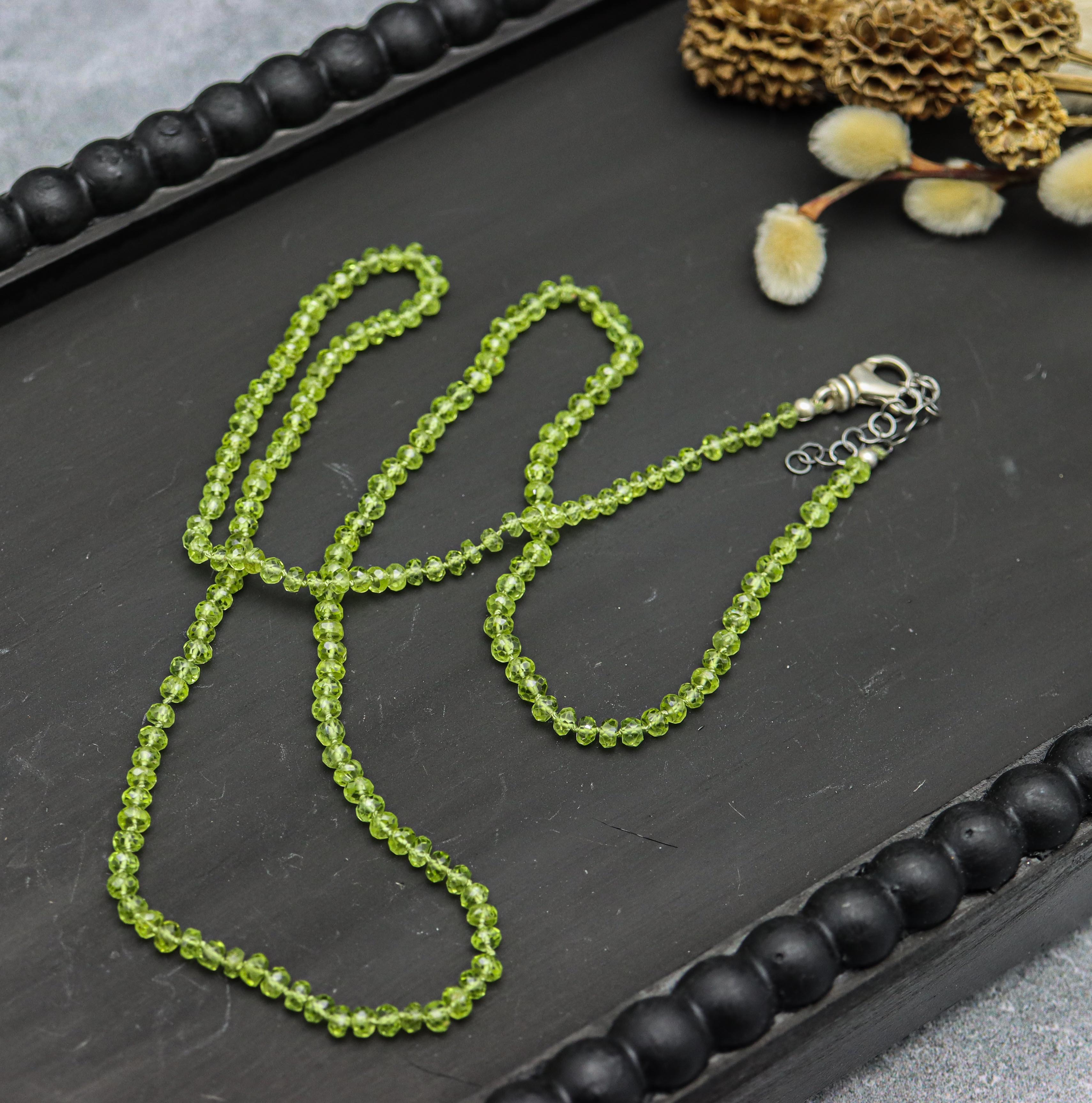 Green Peridot Hand Knotted Bead Necklace Sterling Silver