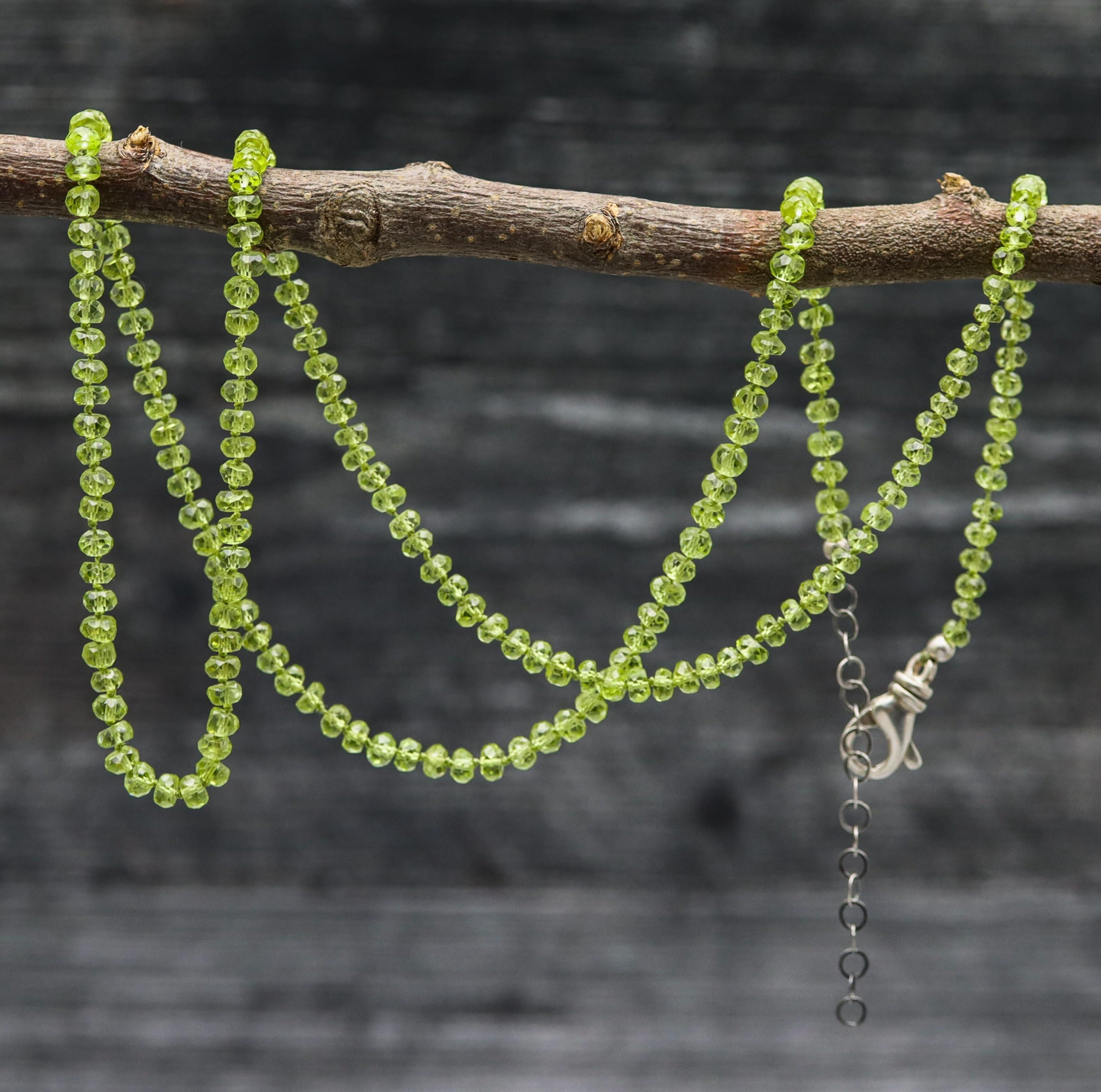 Green Peridot Hand Knotted Bead Necklace Sterling Silver