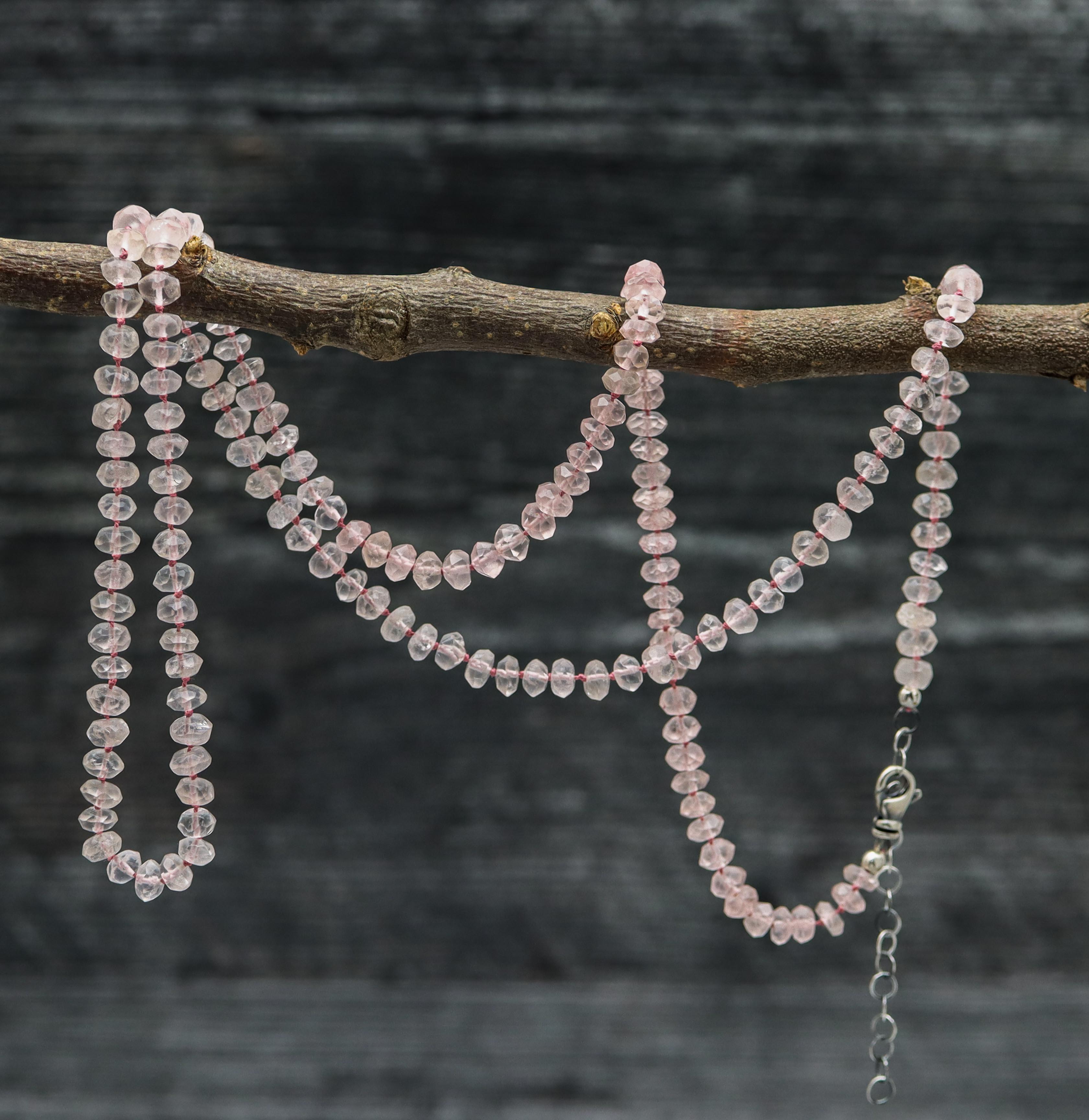 Rose Quartz Hand Knotted Bead Necklace Sterling Silver