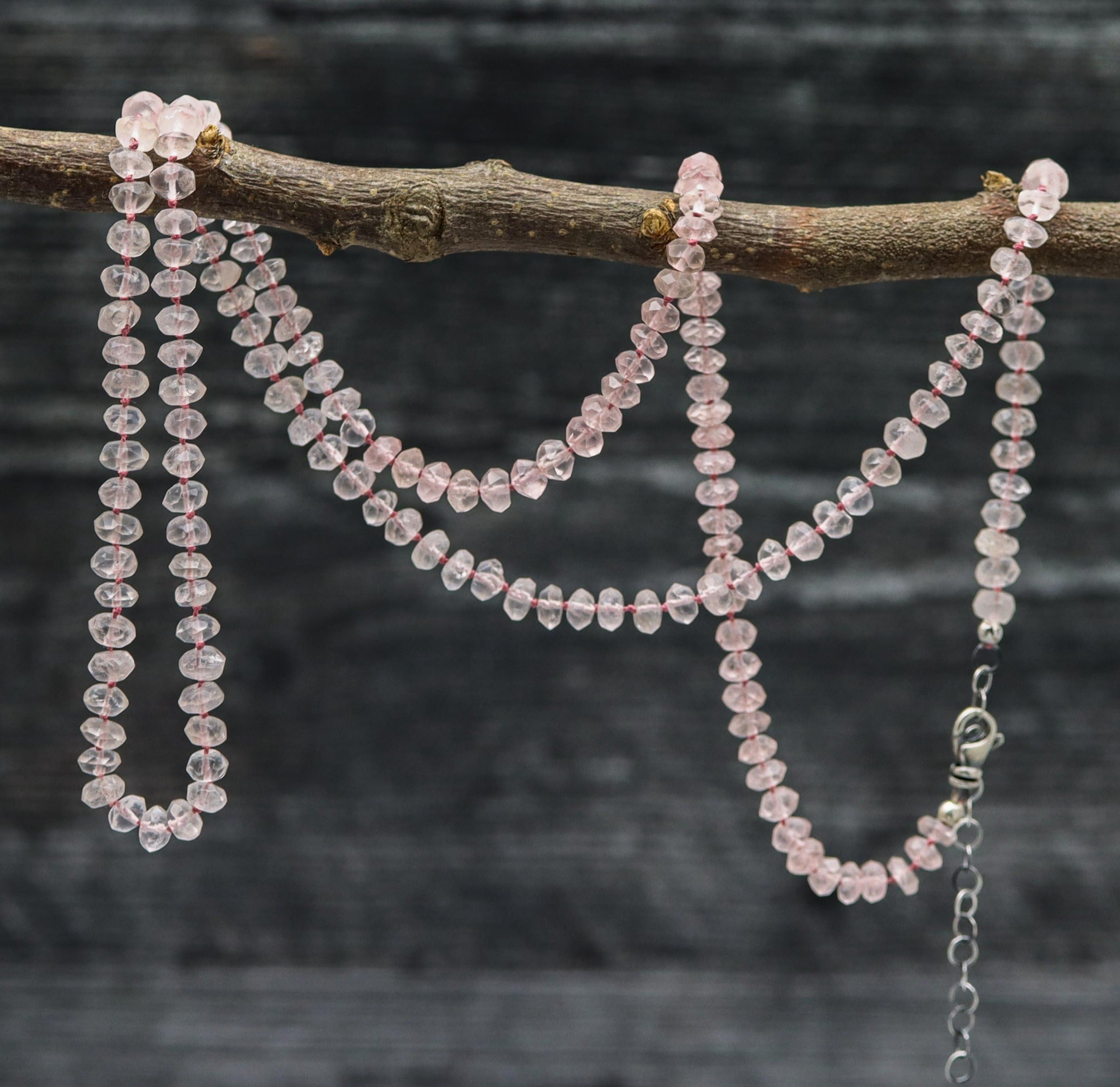Rose Quartz Hand Knotted Bead Necklace Sterling Silver