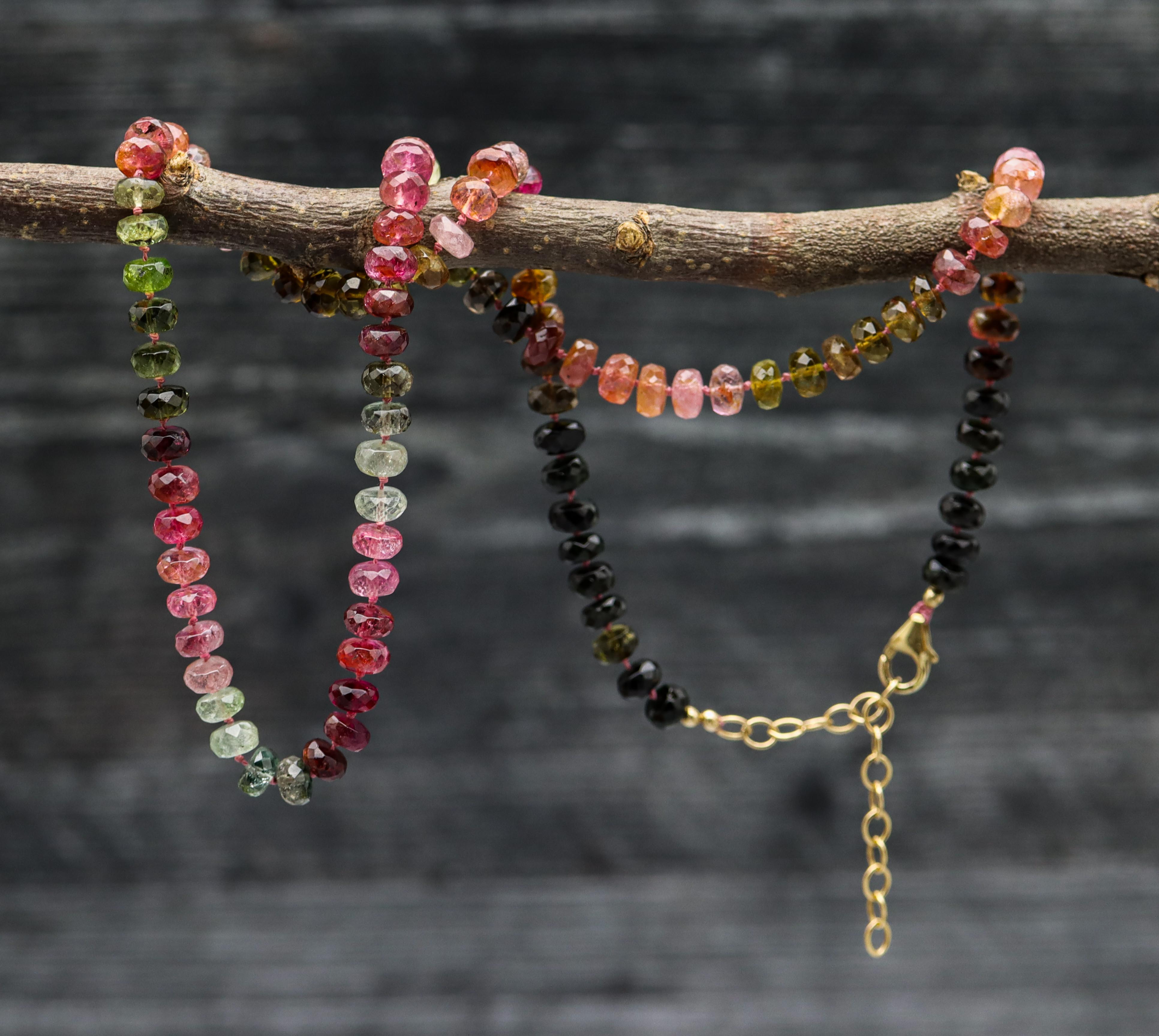 Multi Colored Tourmaline Hand Knotted Bead Necklace 14k Gold Fill