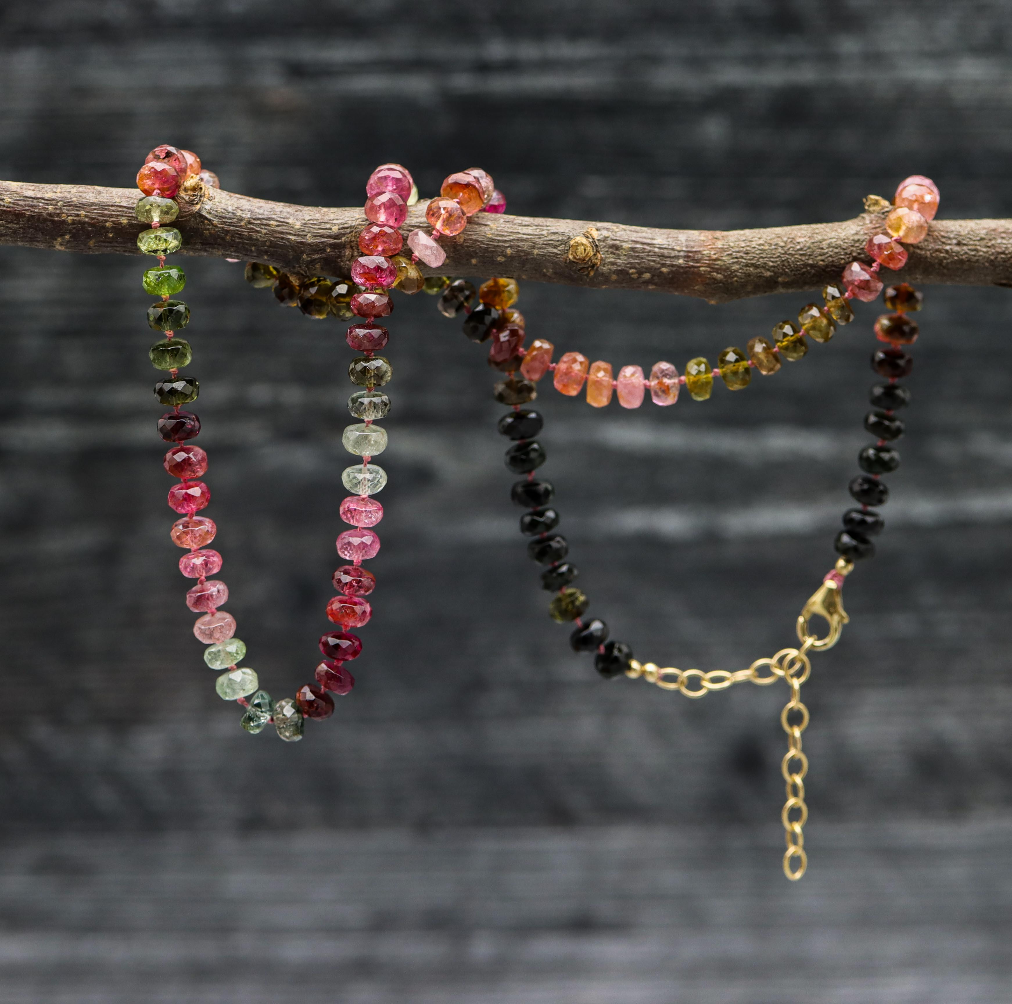 Pink and Green Tourmaline Beaded Necklace 14k Gold - Ruby Lane