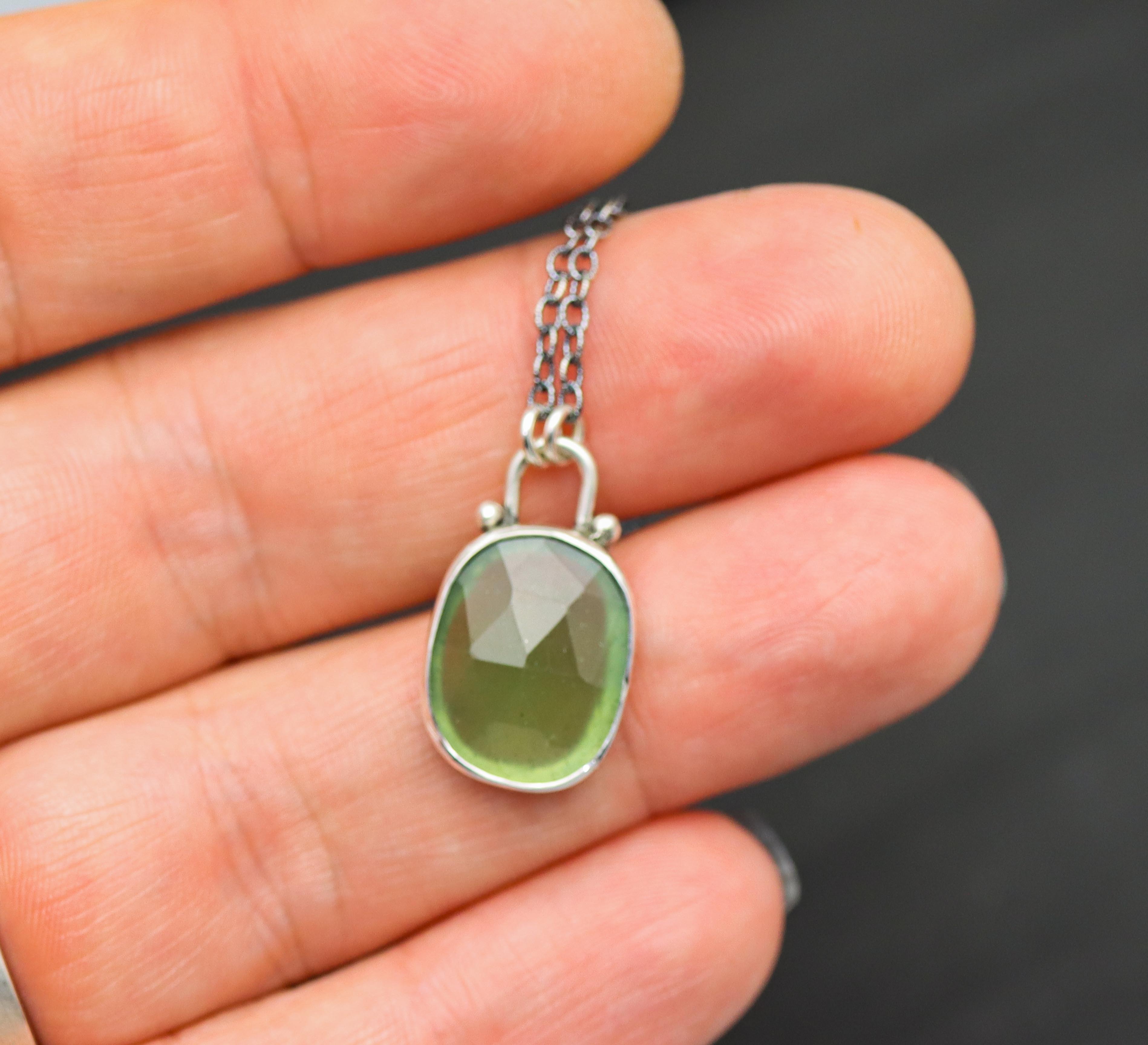 Green Serpentine Pendant Necklace Sterling Silver
