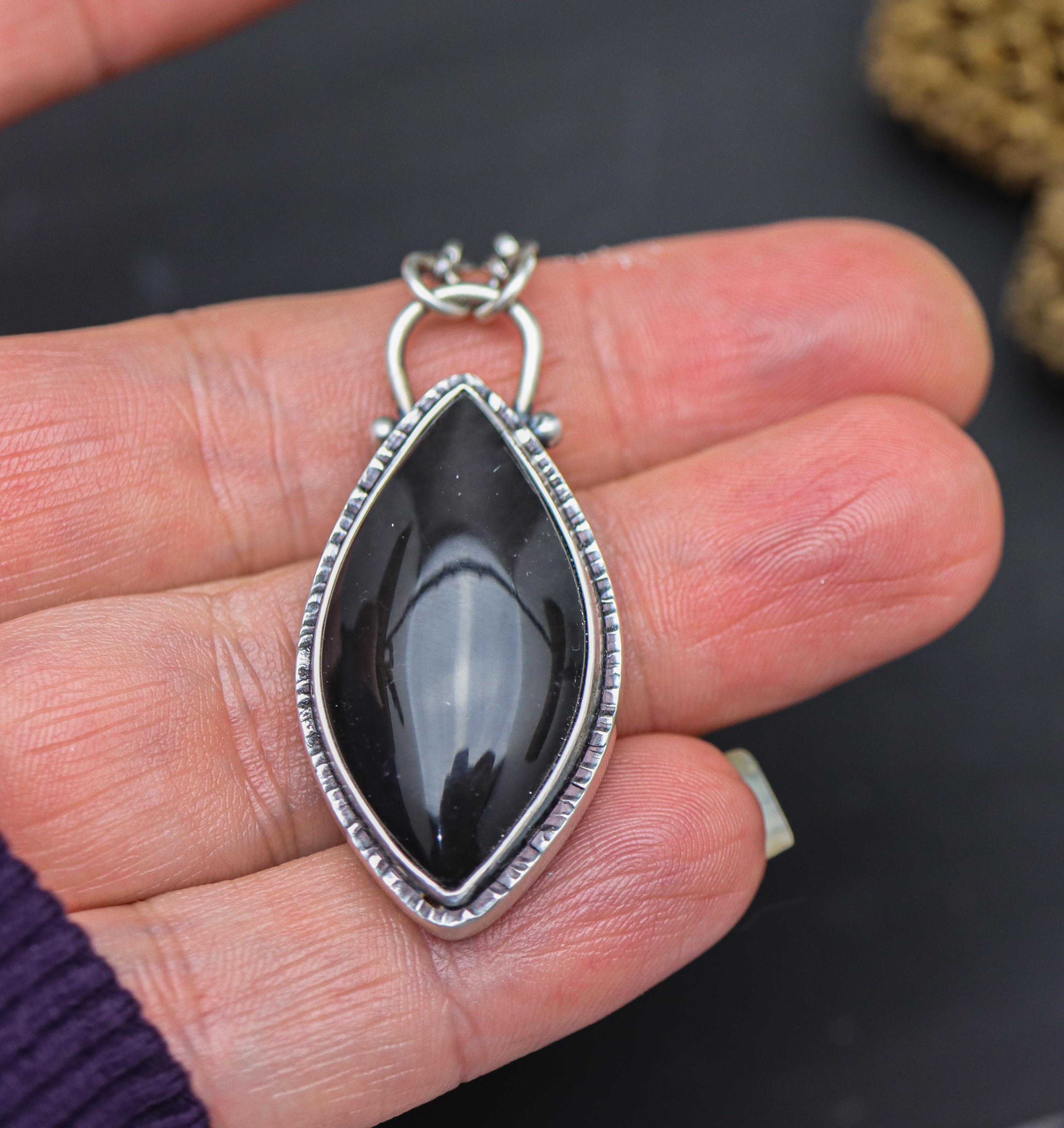 Silver Sheen Black Obsidian Pendant Sterling Silver One Of a Kind Gemstone Necklace