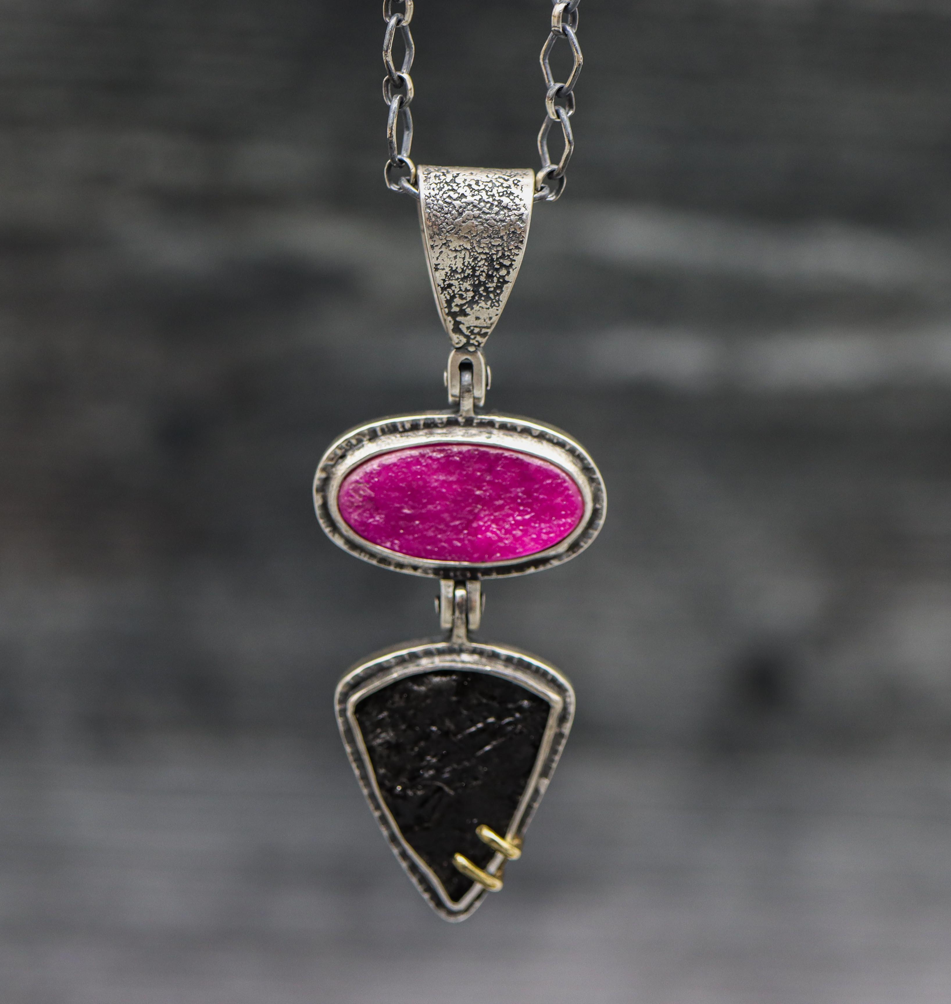 Cobalto Calcite and Black Tourmaline Necklace Sterling Silver and 18k Gold