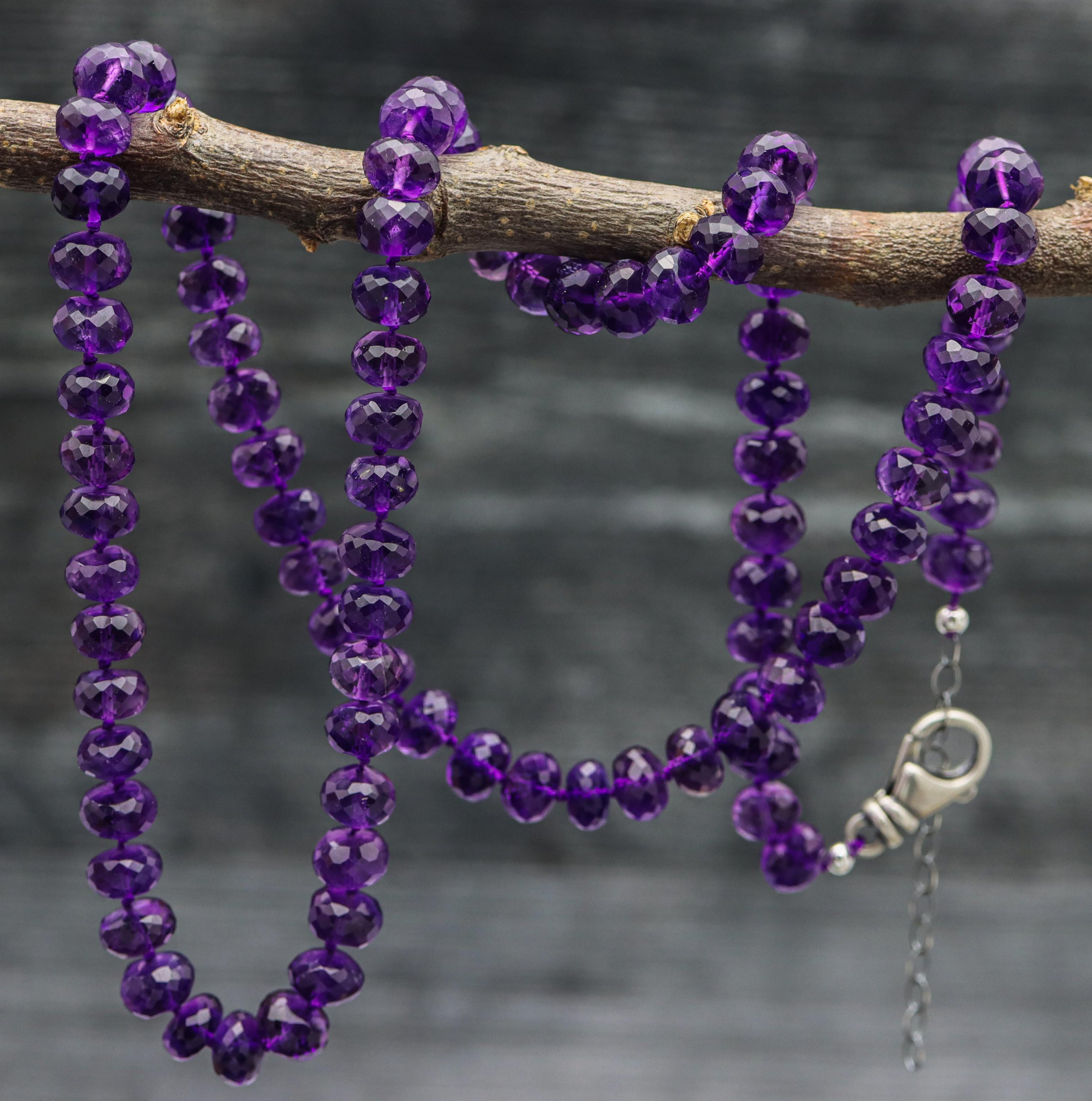 Amethyst Hand Knotted Bead Necklace Sterling Silver