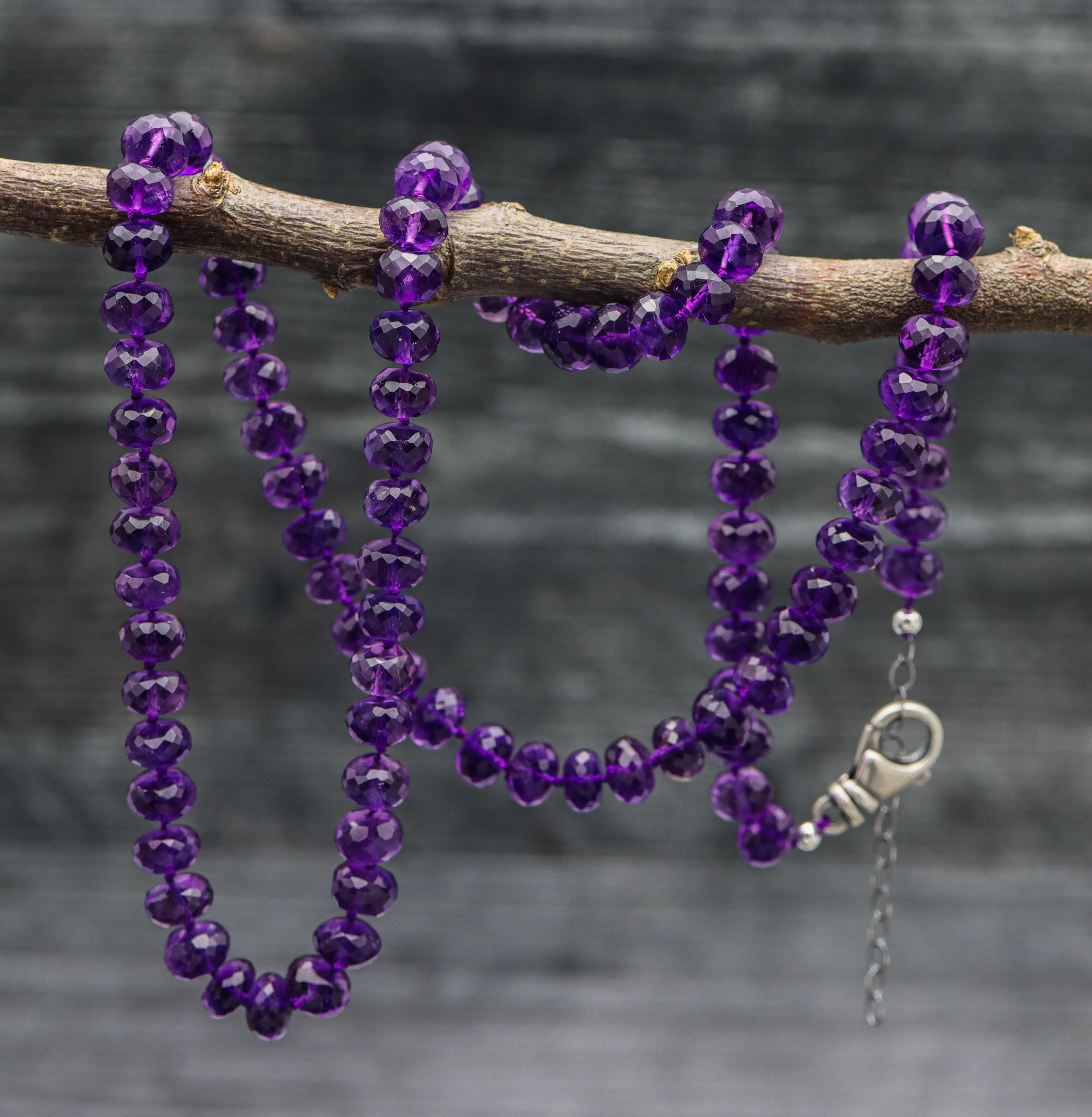 Amethyst Hand Knotted Bead Necklace Sterling Silver