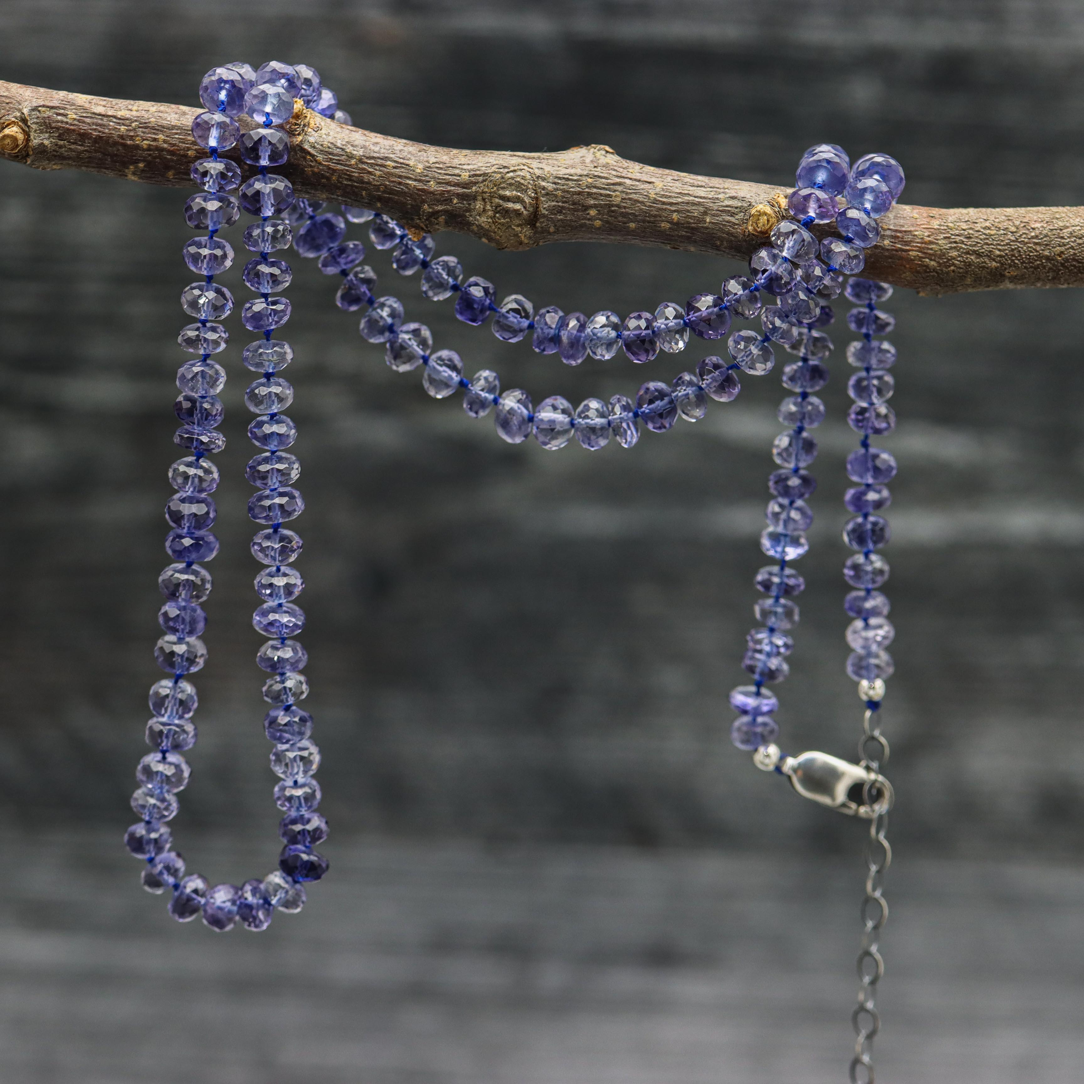Blue Violet Iolite Hand Knotted Bead Necklace Sterling Silver