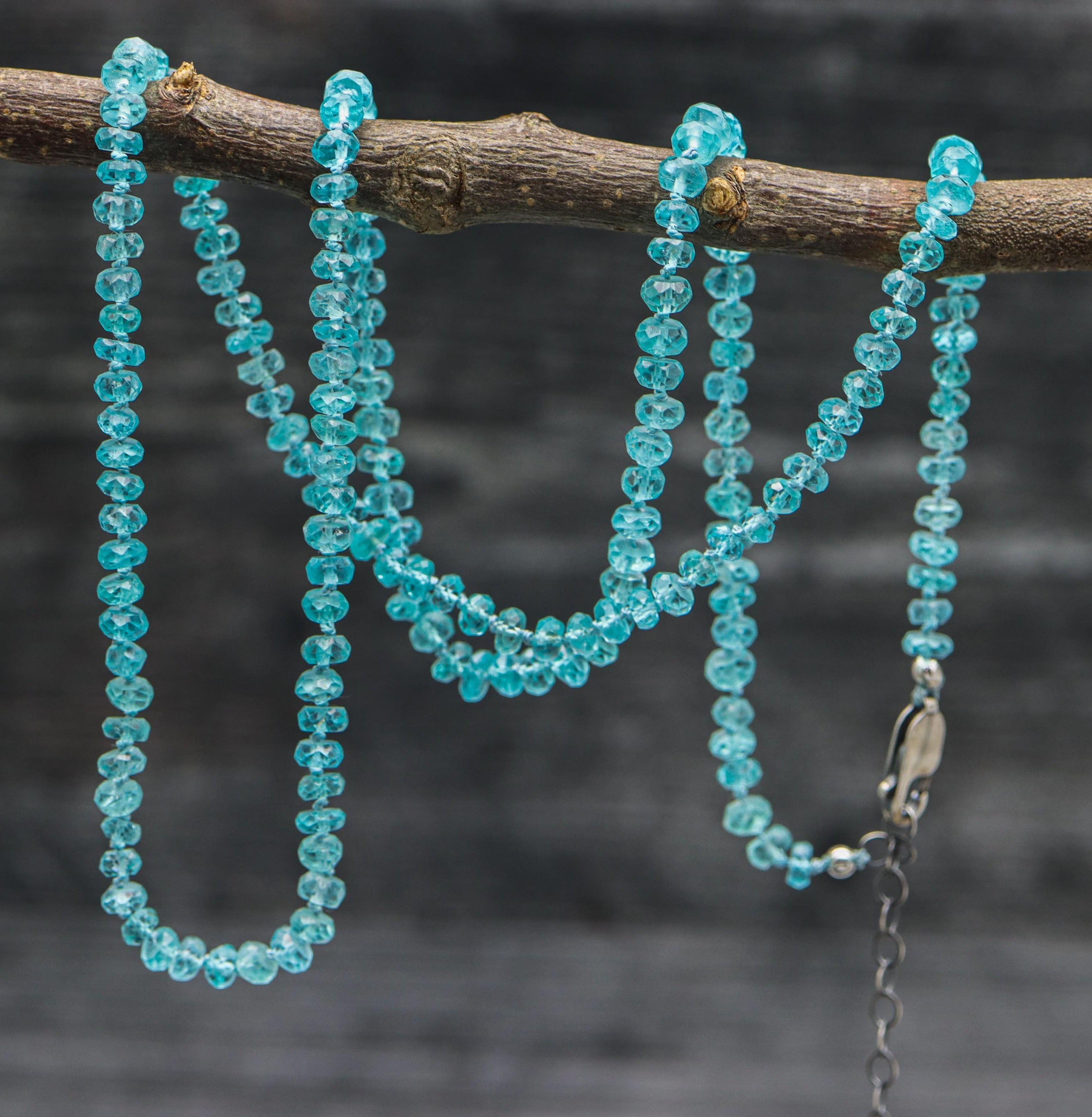 Neon Blue Apatite Hand Knotted Bead Necklace Sterling Silver