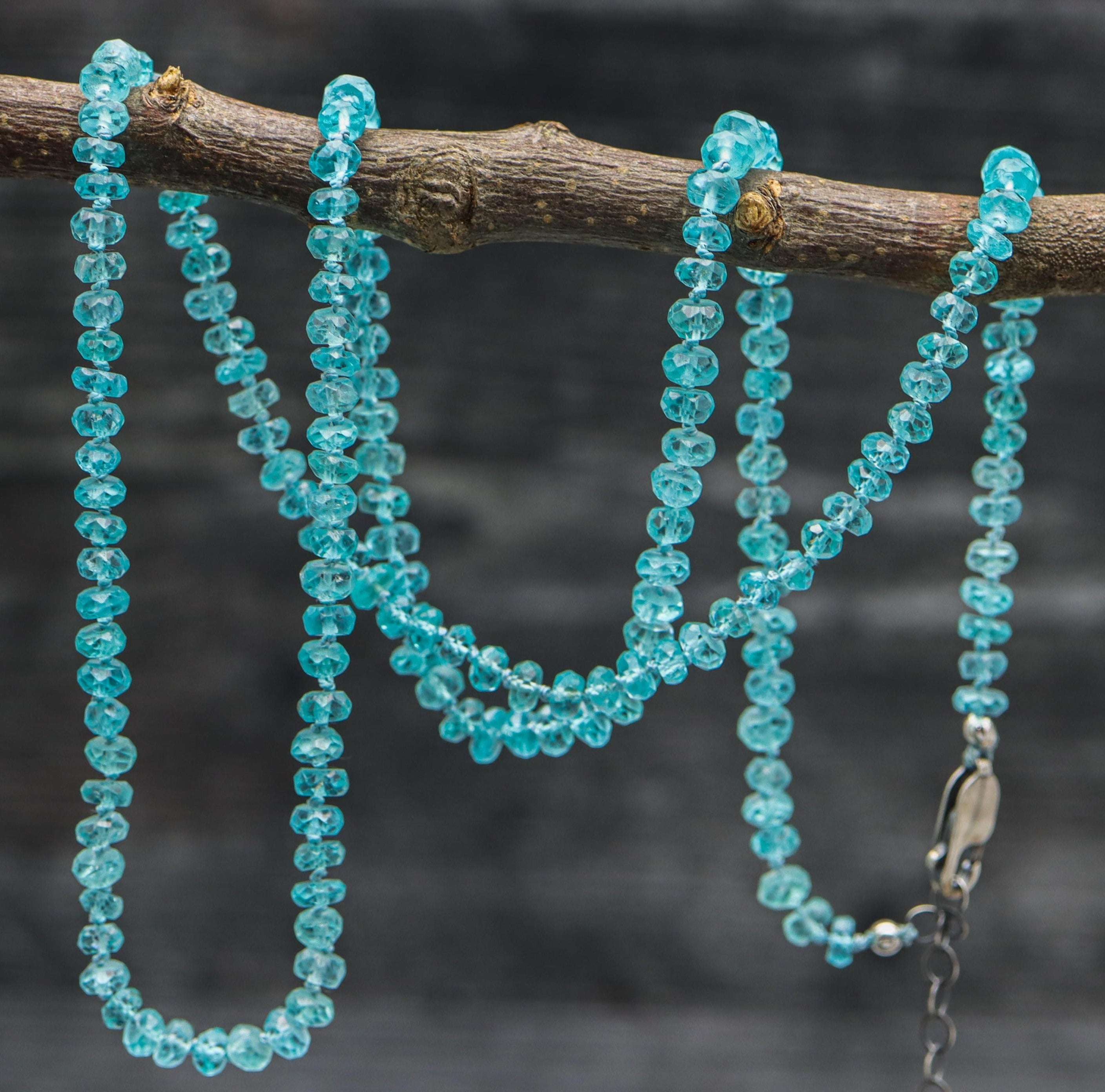 A hand knotted necklace made of neon blue apatite beads and sterling silver, displayed on a branch.