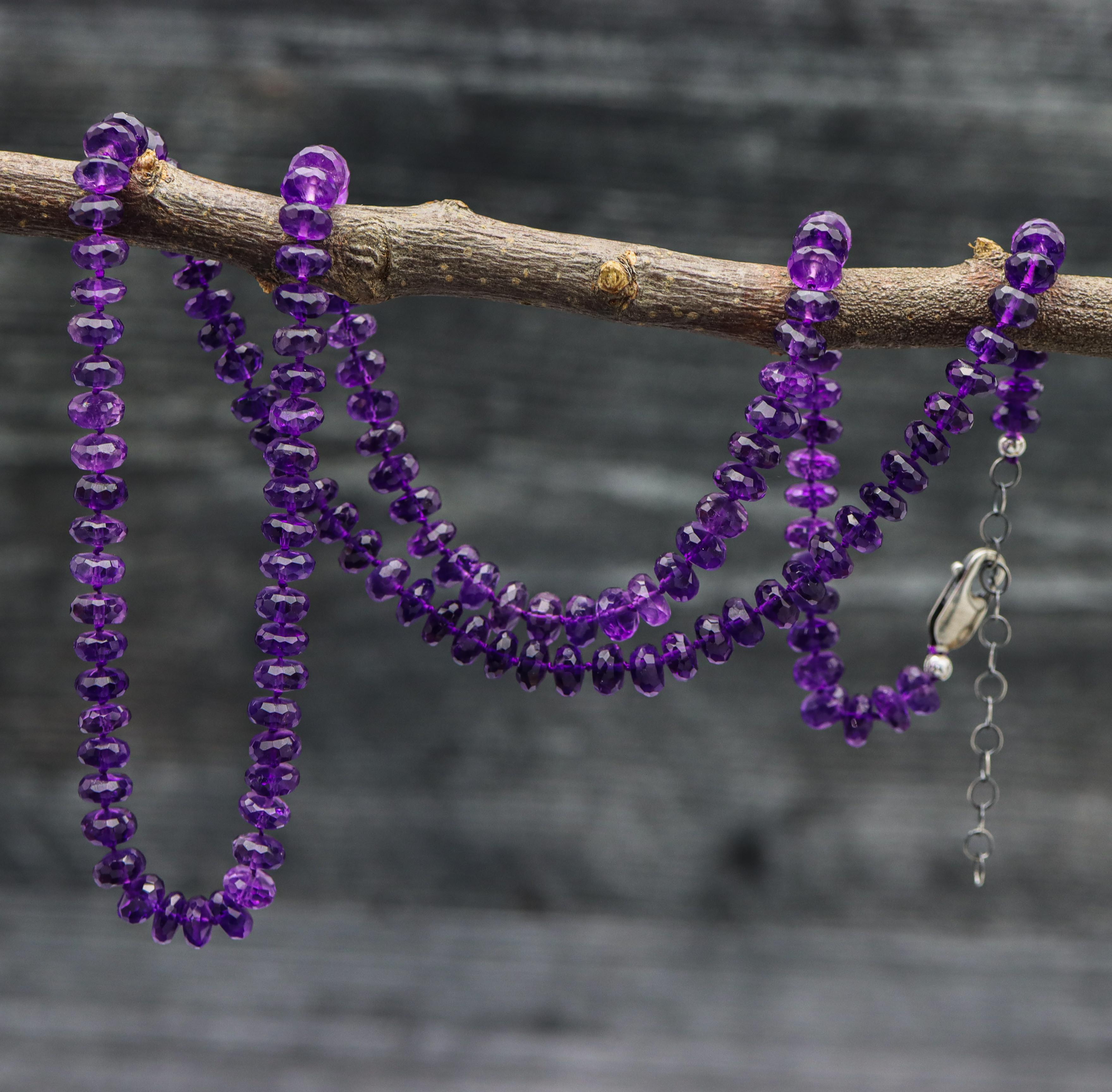 Amethyst Hand Knotted Bead Necklace Sterling Silver