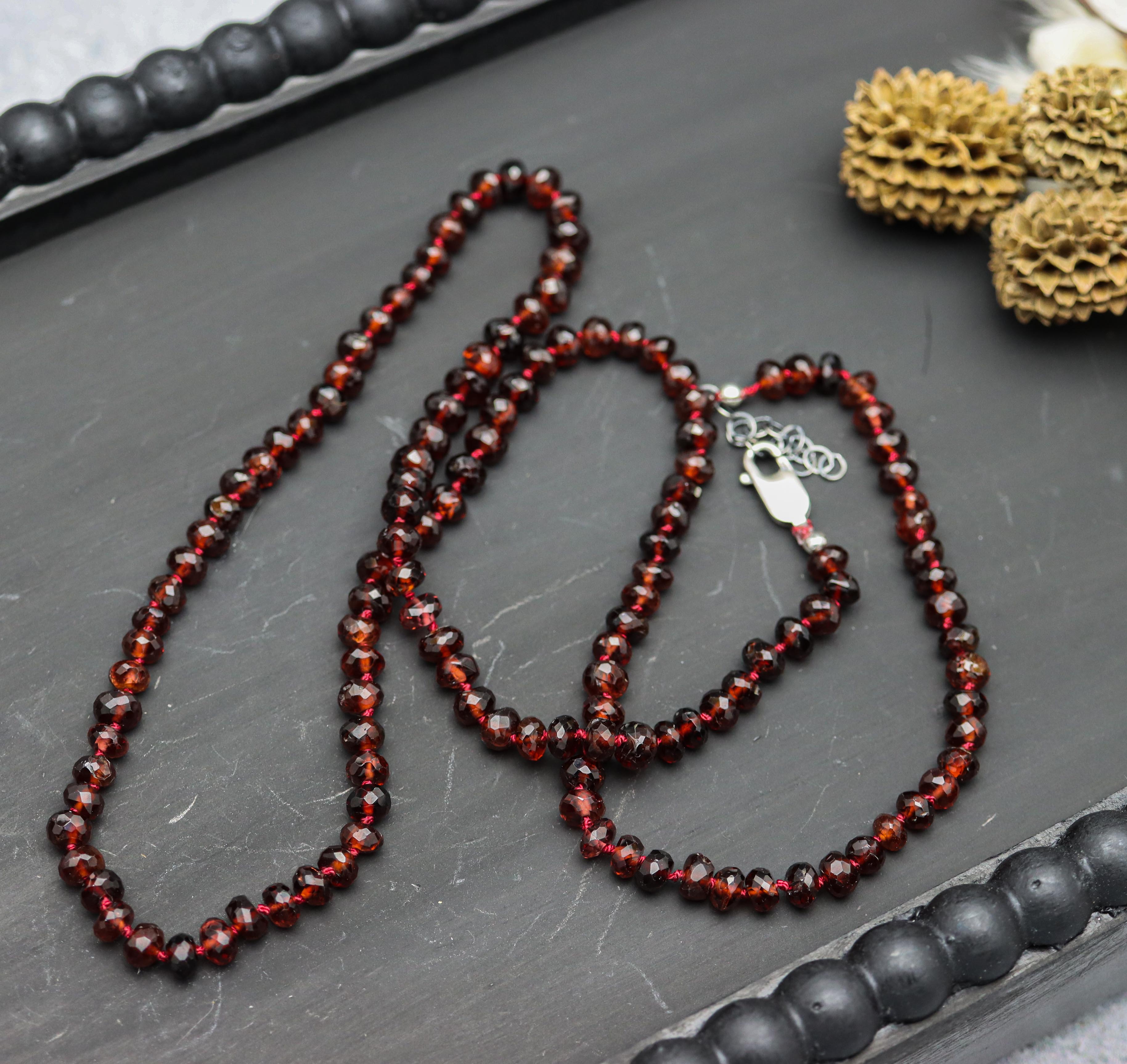 Rich Red Garnet Hand Knotted Bead Necklace Sterling Silver Long