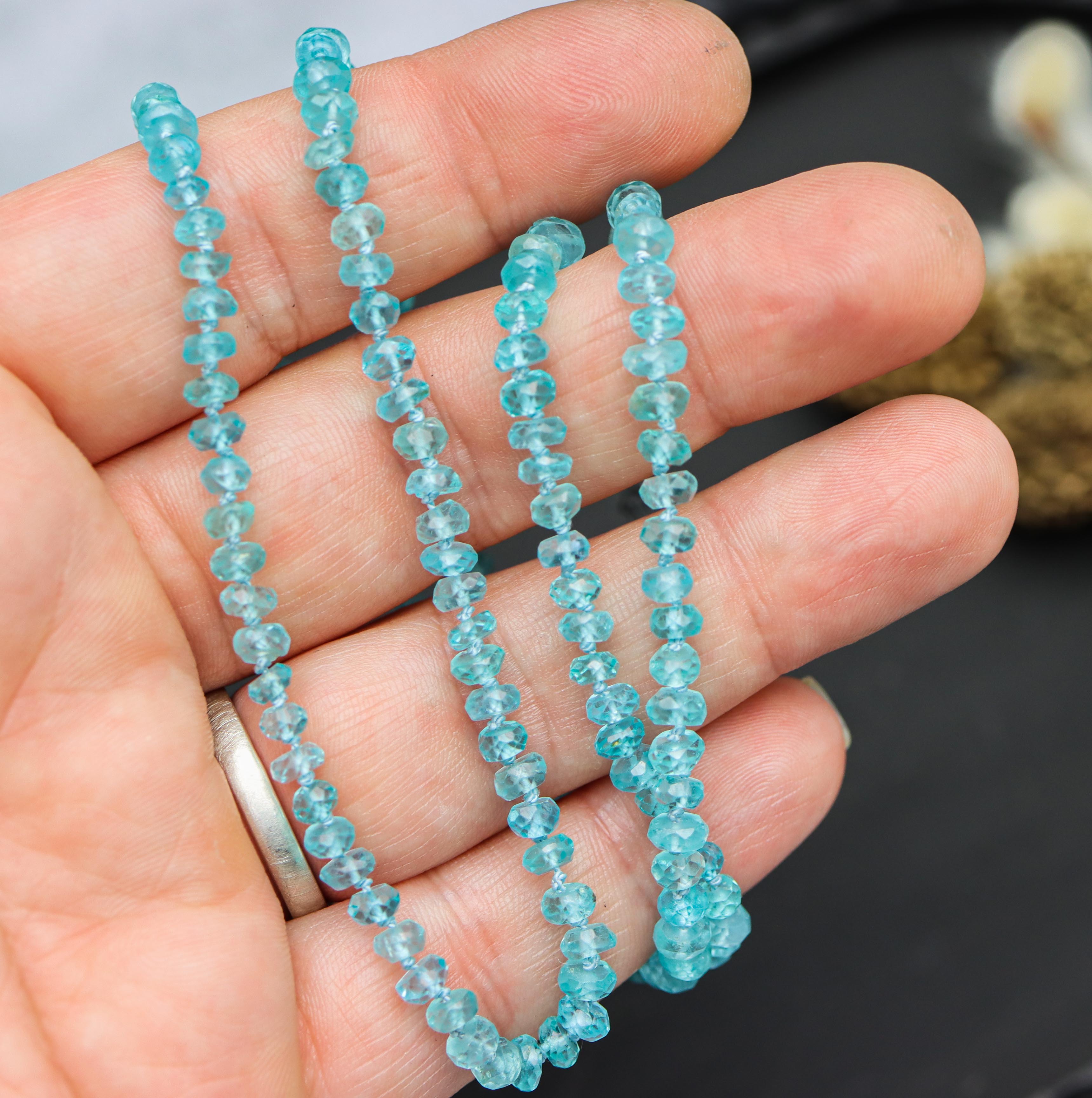Neon Blue Apatite Hand Knotted Bead Necklace Sterling Silver