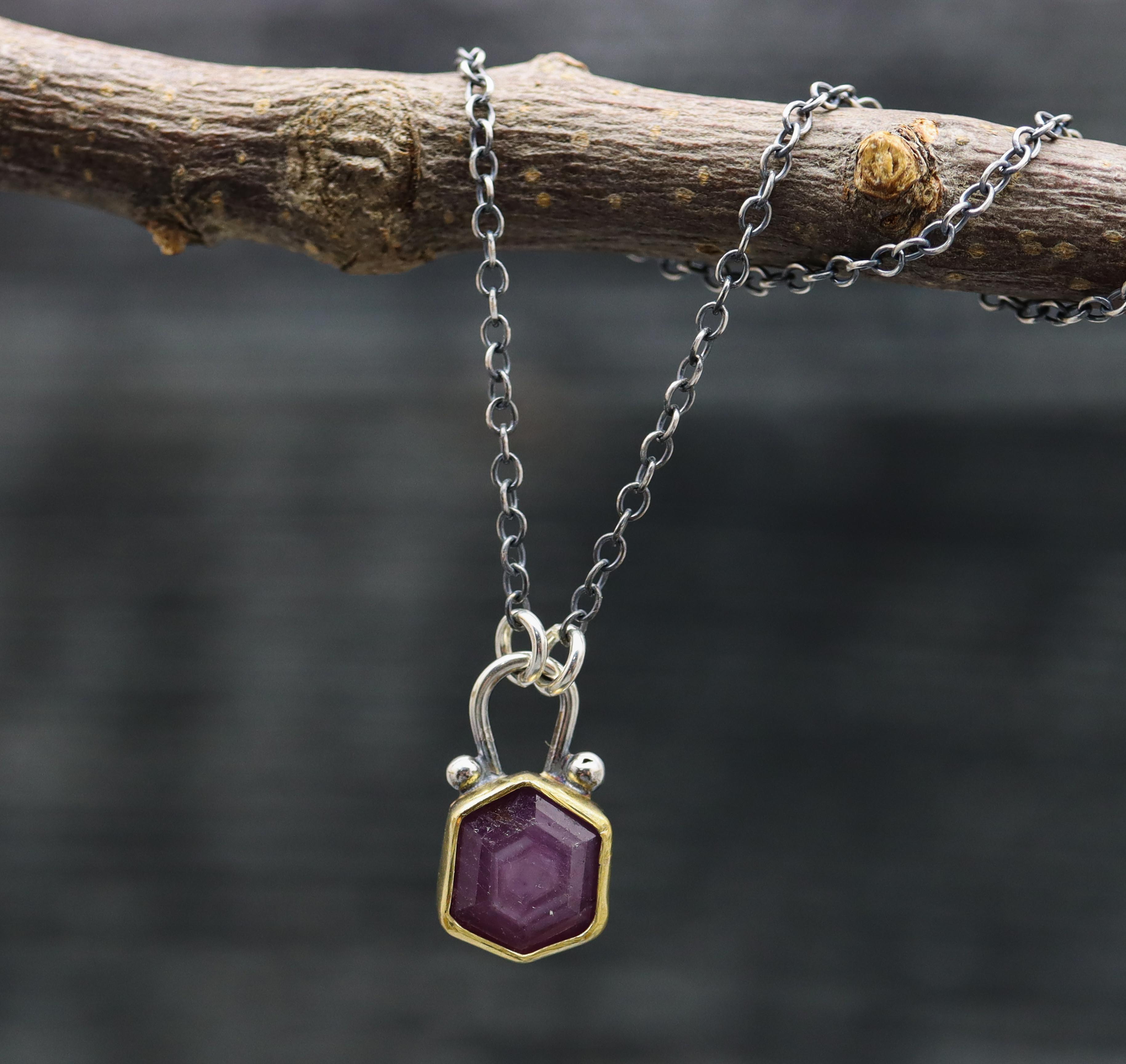Pink Sheen Sapphire Pendant Necklace Sterling Silver and 22k Gold
