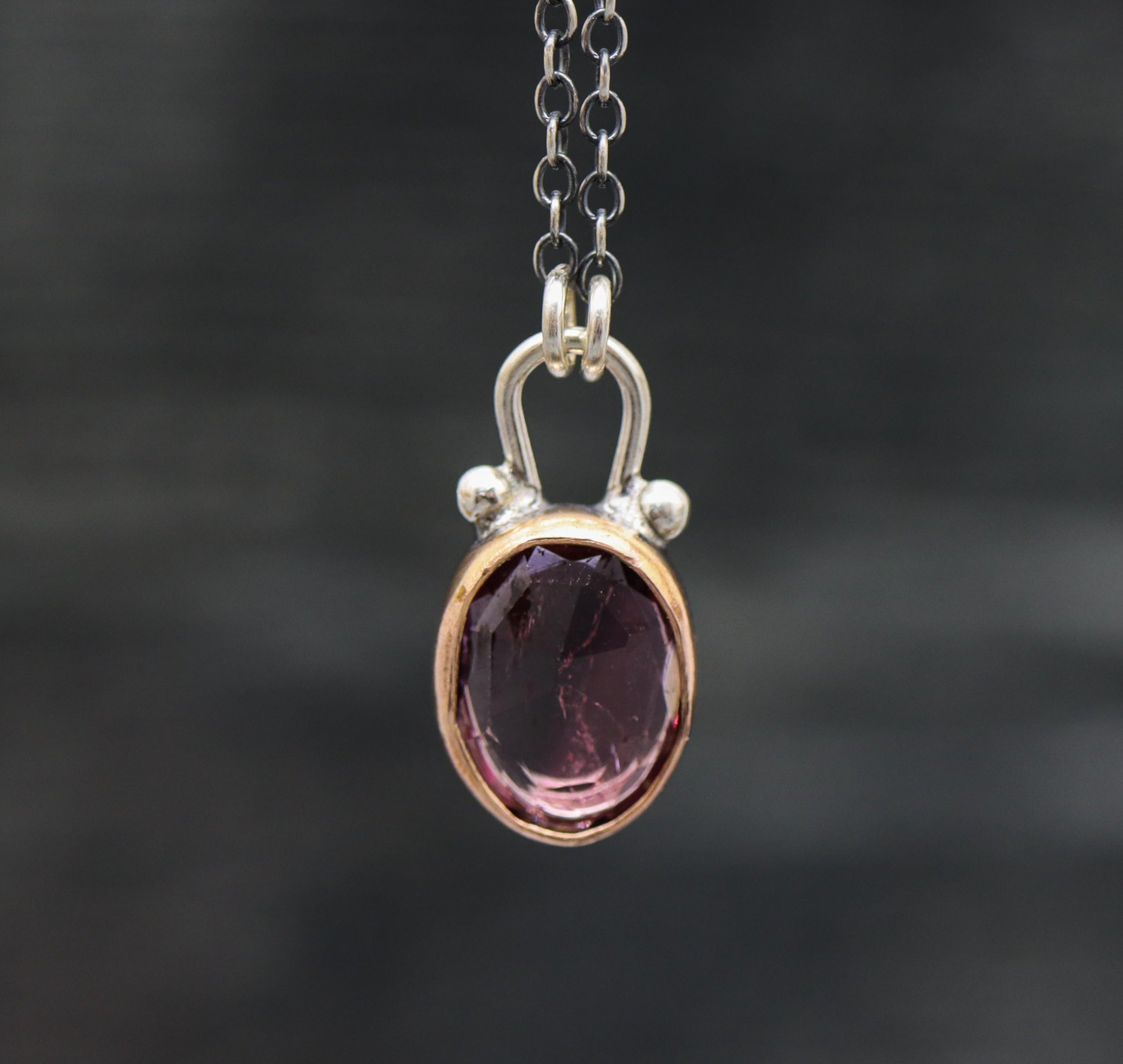 Pink and Purple Tourmaline Pendant Necklace Sterling Silver and 14k Rose Gold