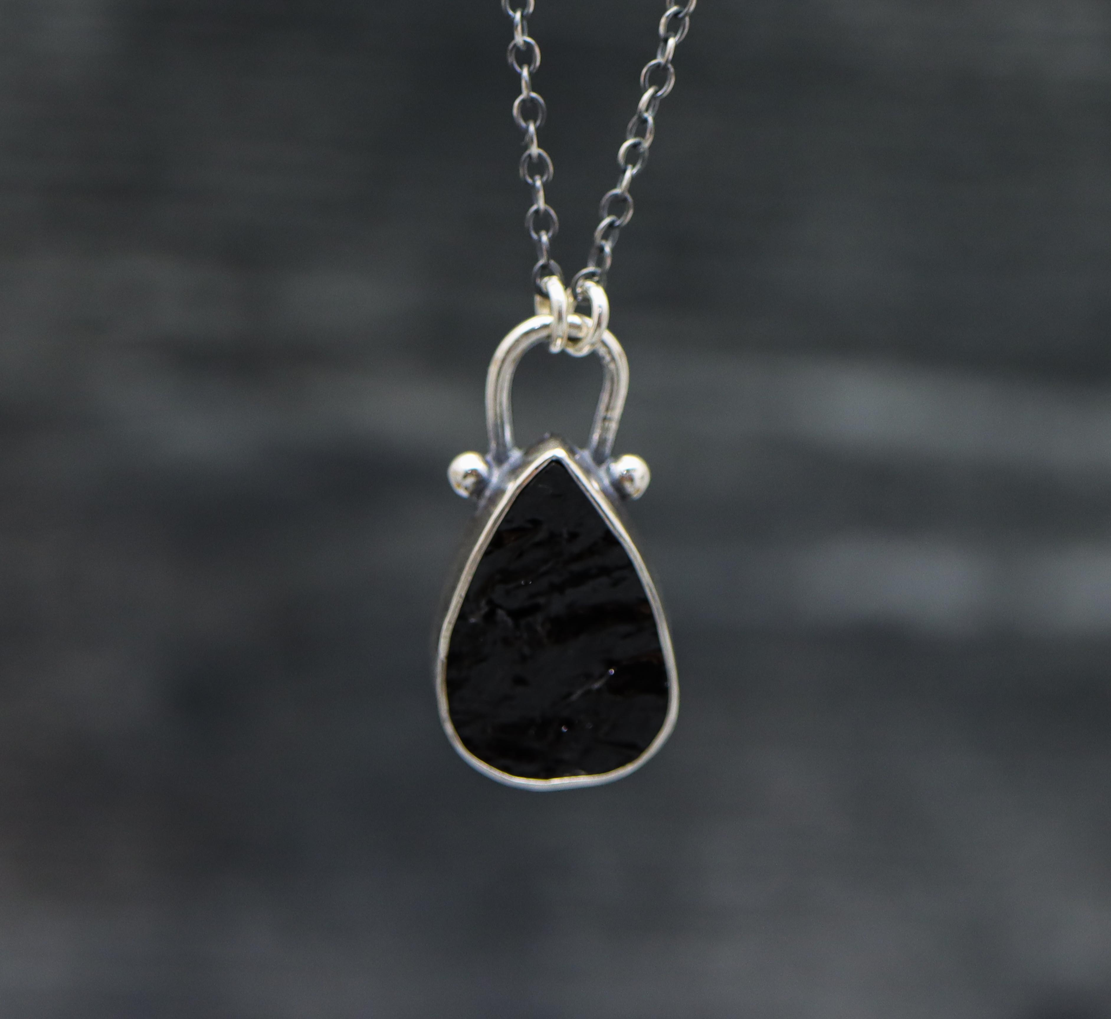 Natural Surface Black Tourmaline Pendant Necklace Sterling Silver